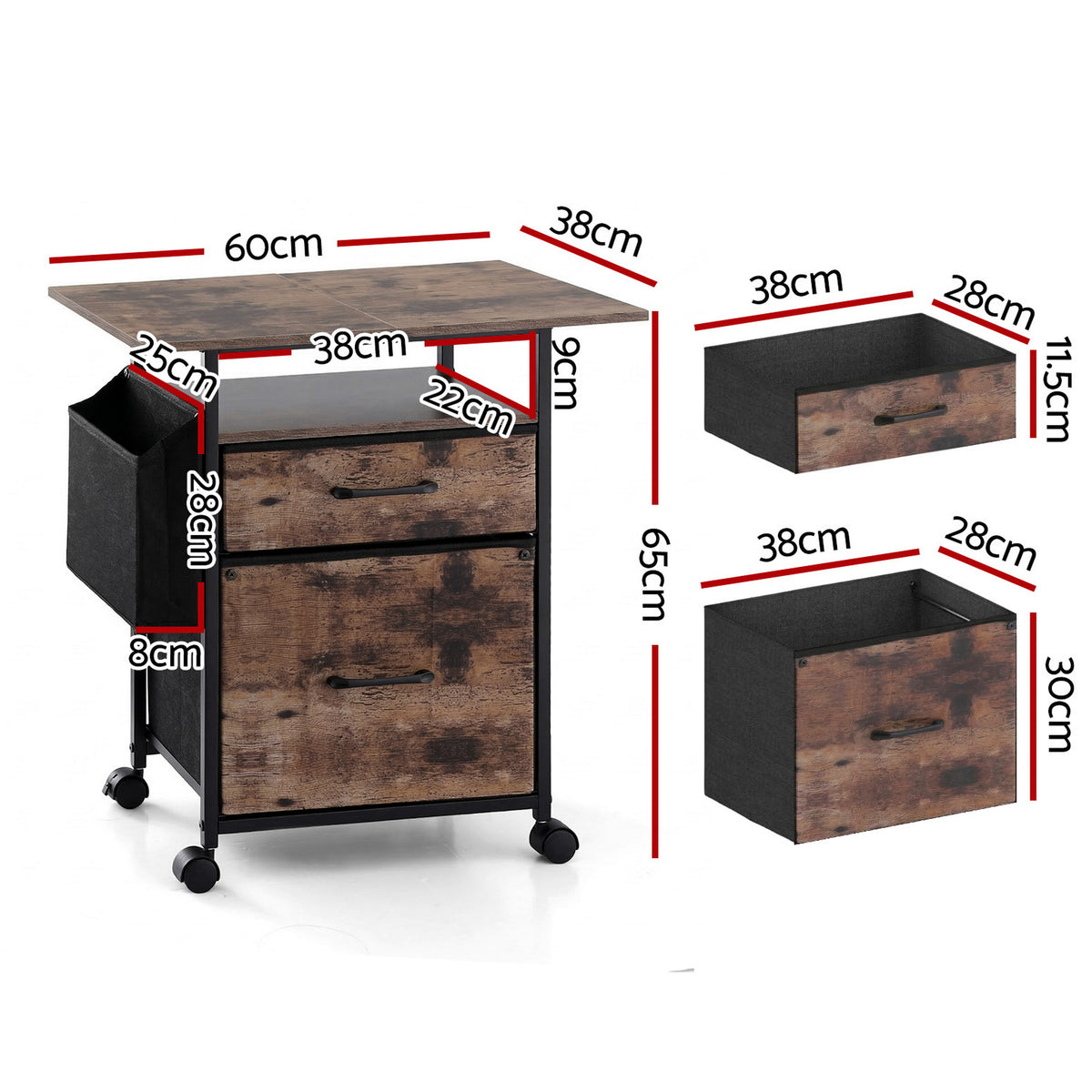 Artiss 2 Fabric Drawer File Cabinet Printer Stand Rolling File Cabinet with Side Bag
