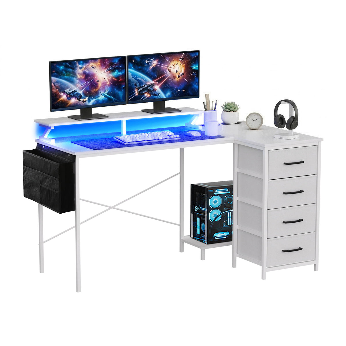 Artiss 140cm L Shaped Gaming Desk Computer Desk with LED Lights &amp; Power Outlets