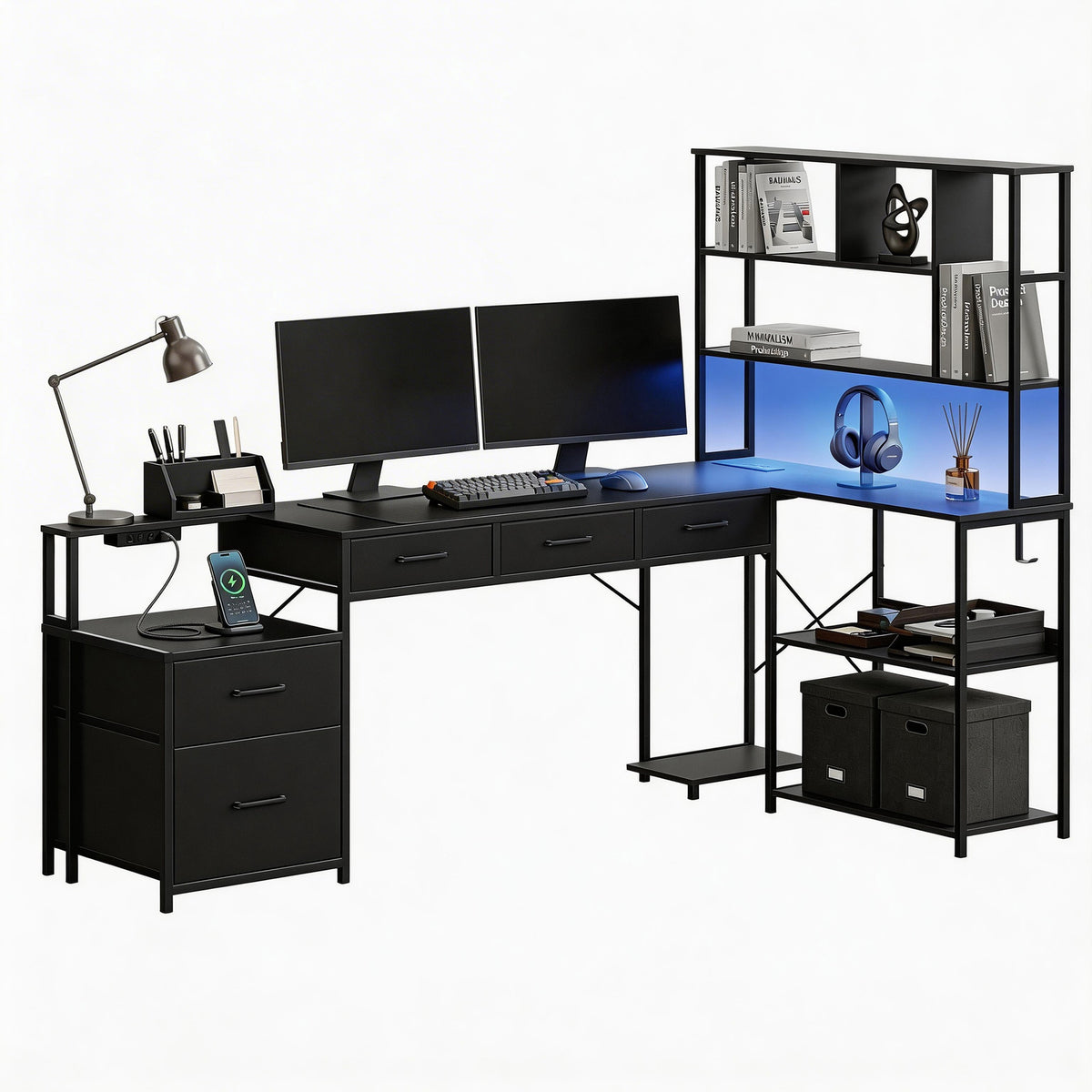 Artiss 200cm L Shaped Gaming Desk Computer Desk with LED Lights &amp; Power Outlets