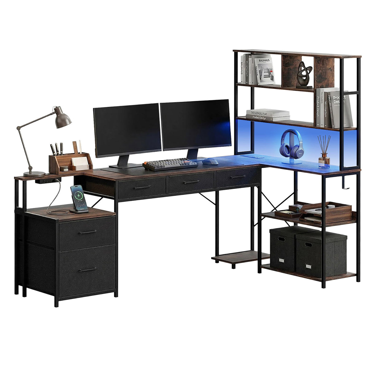 Artiss 200cm L Shaped Gaming Desk Computer Desk with LED Lights &amp; Power Outlets