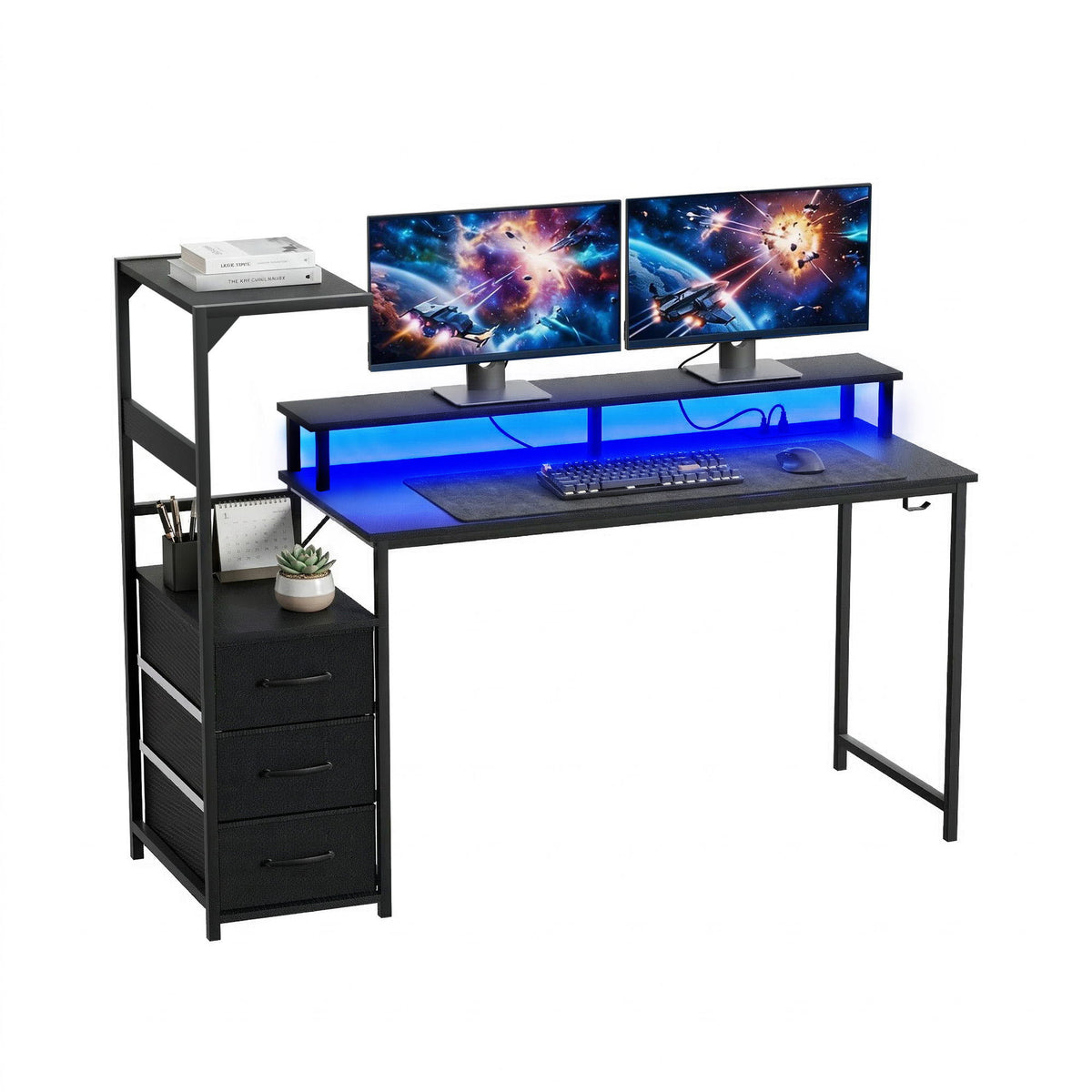 Artiss 145cm L Shaped Gaming Desk Computer Desk with LED Lights &amp; Power Outlets