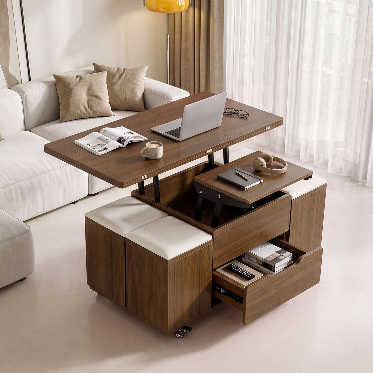 Fittro 3-in-1 Lift Top Coffee Table with 4 Chairs, Dining Table Work Desk Built-in Storage, Hydraulic Swivel, Lockable Castors, Space-Saving for Living Rooms &amp; Flats, Apartments