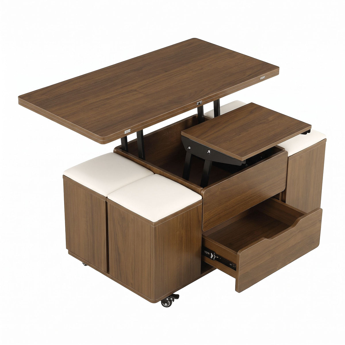 Fittro 3-in-1 Lift Top Coffee Table with 4 Chairs, Dining Table Work Desk Built-in Storage, Hydraulic Swivel, Lockable Castors, Space-Saving for Living Rooms & Flats, Apartments