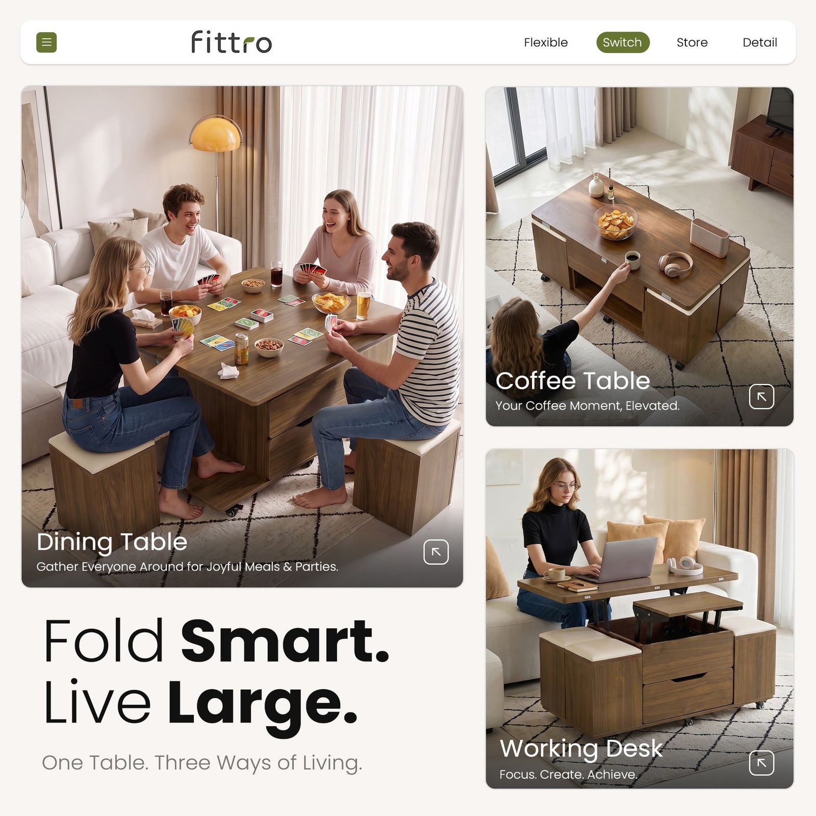 Fittro 3-in-1 Lift Top Coffee Table with 4 Chairs, Dining Table Work Desk Built-in Storage, Hydraulic Swivel, Lockable Castors, Space-Saving for Living Rooms & Flats, Apartments