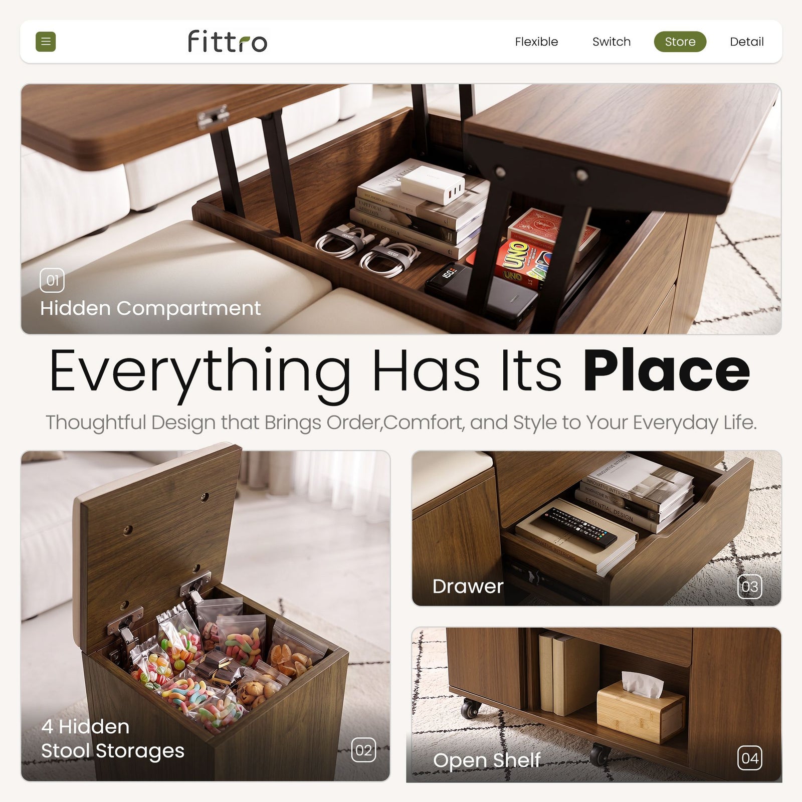 Fittro 3-in-1 Lift Top Coffee Table with 4 Chairs, Dining Table Work Desk Built-in Storage, Hydraulic Swivel, Lockable Castors, Space-Saving for Living Rooms & Flats, Apartments