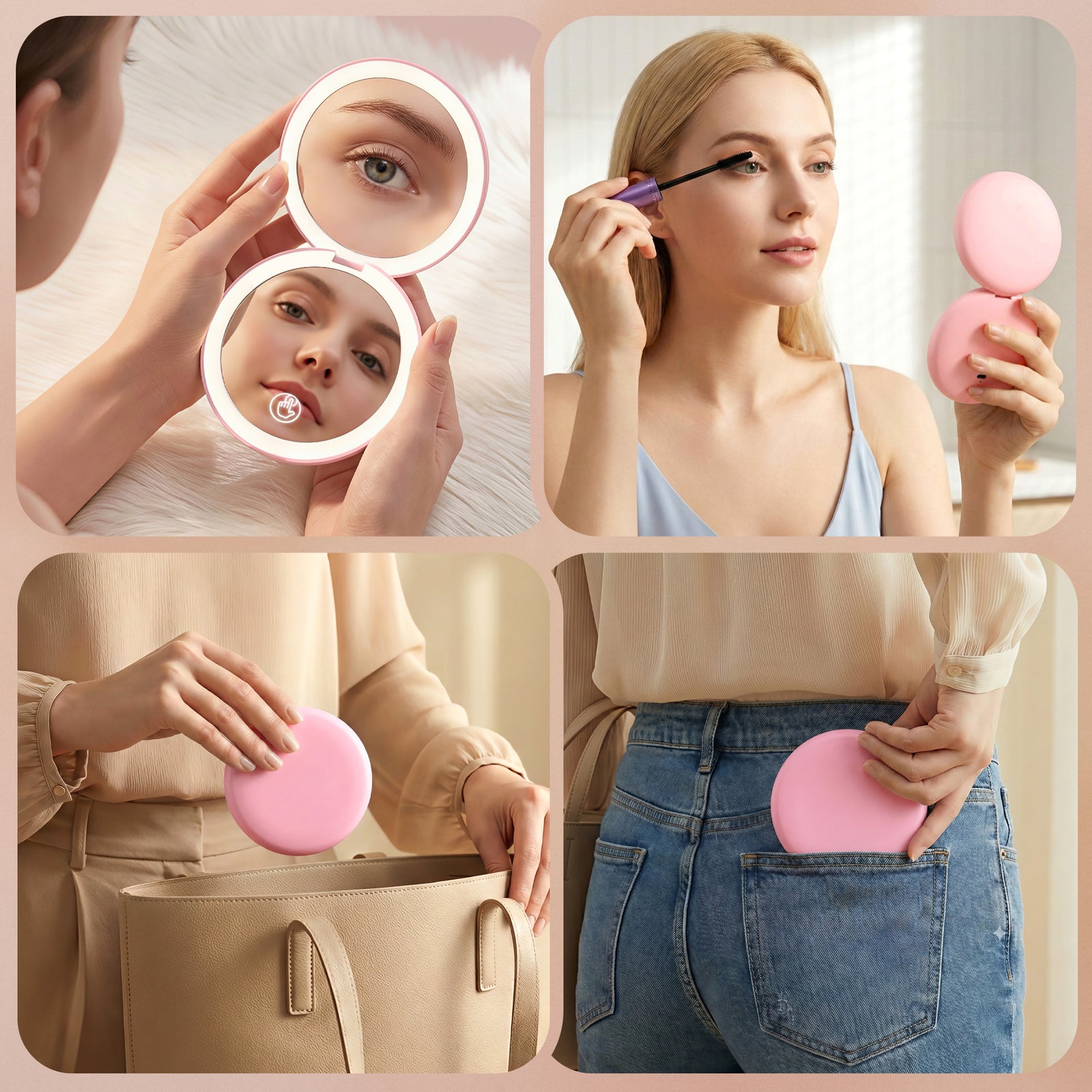 Embellir LED Compact Mirror Lighted Travel Makeup Mirror Pocket-Sized 1x 10x Magnification Round Pink