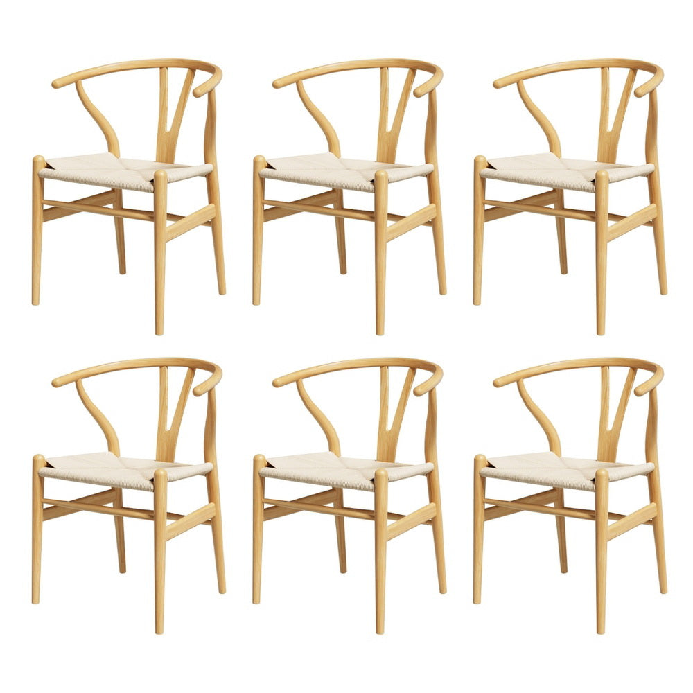 1 Set of 6 Artiss Dining Chairs Wooden Rattan Seat Wishbone Back