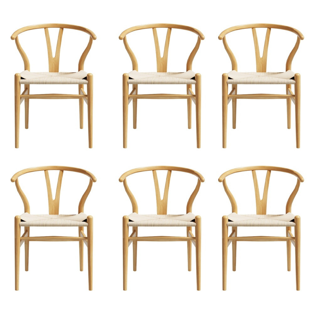 1 Set of 6 Artiss Dining Chairs Wooden Rattan Seat Wishbone Back