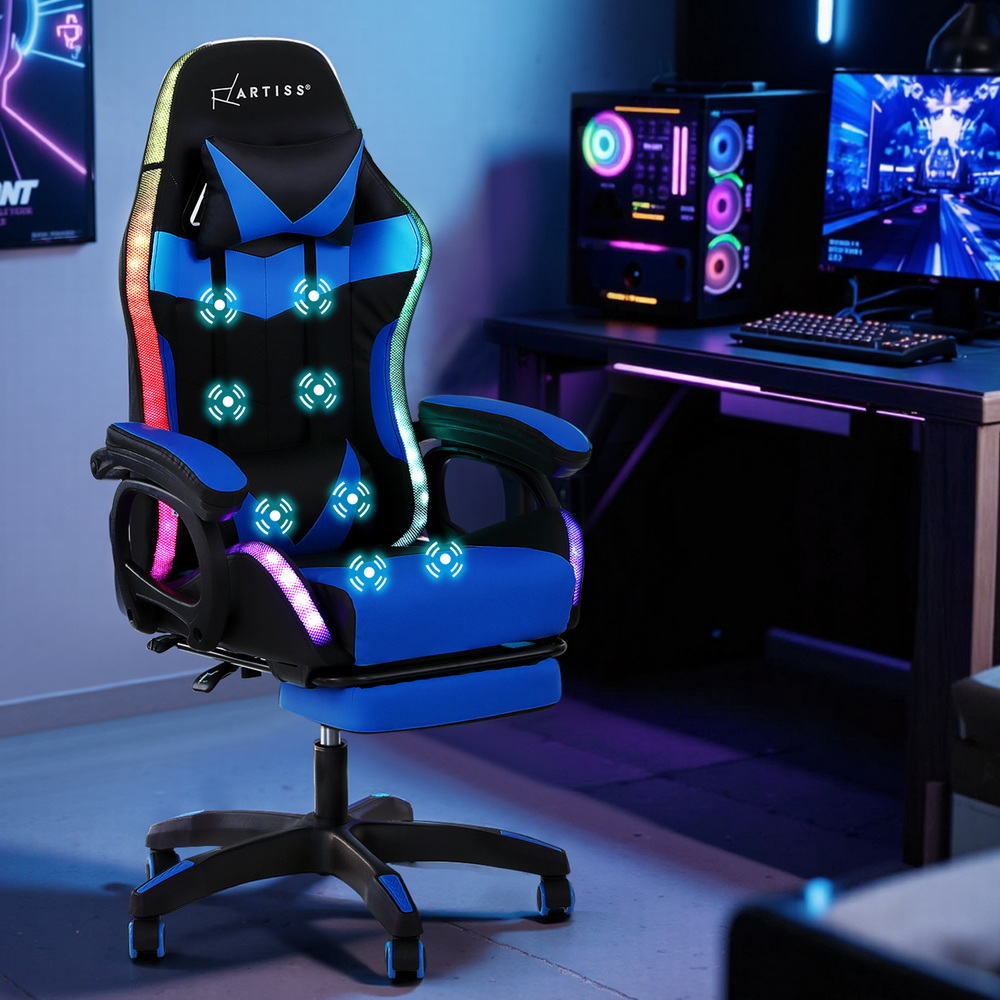 Artiss Gaming Office Chair 12 RGB LED Massage Computer Work Seat Footrest Blue