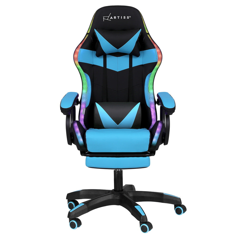 Artiss Gaming Office Chair 12 RGB LED Massage Computer Work Seat Footrest Cyan