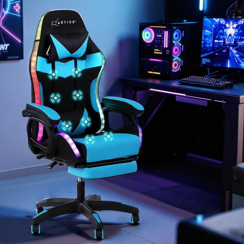 Artiss Gaming Office Chair 12 RGB LED Massage Computer Work Seat Footrest Cyan