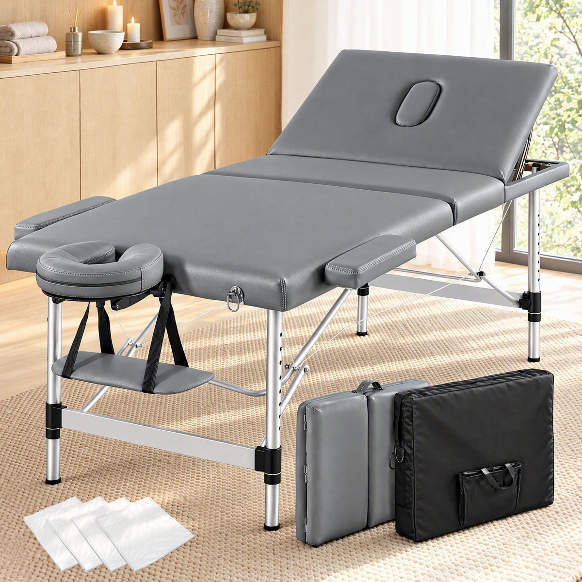 Zenses 3-Fold Portable Massage Table 80cm Adjustable Backrest &amp; Height, Aluminium Beauty Bed Grey