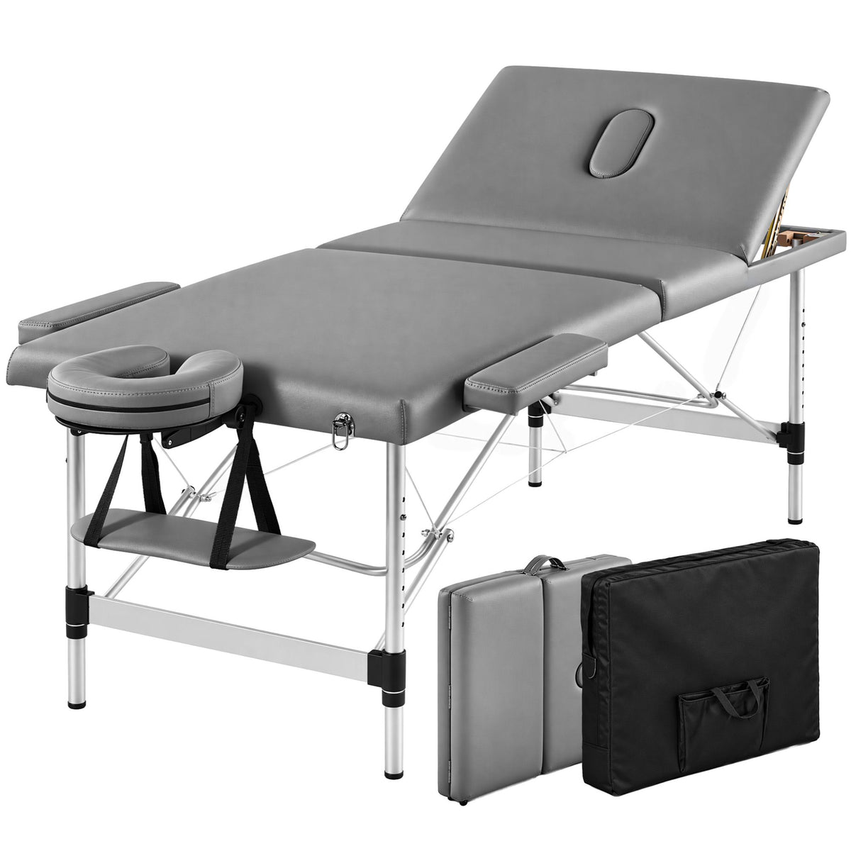 Zenses 3-Fold Portable Massage Table 80cm Adjustable Backrest & Height, Aluminium Beauty Bed Grey