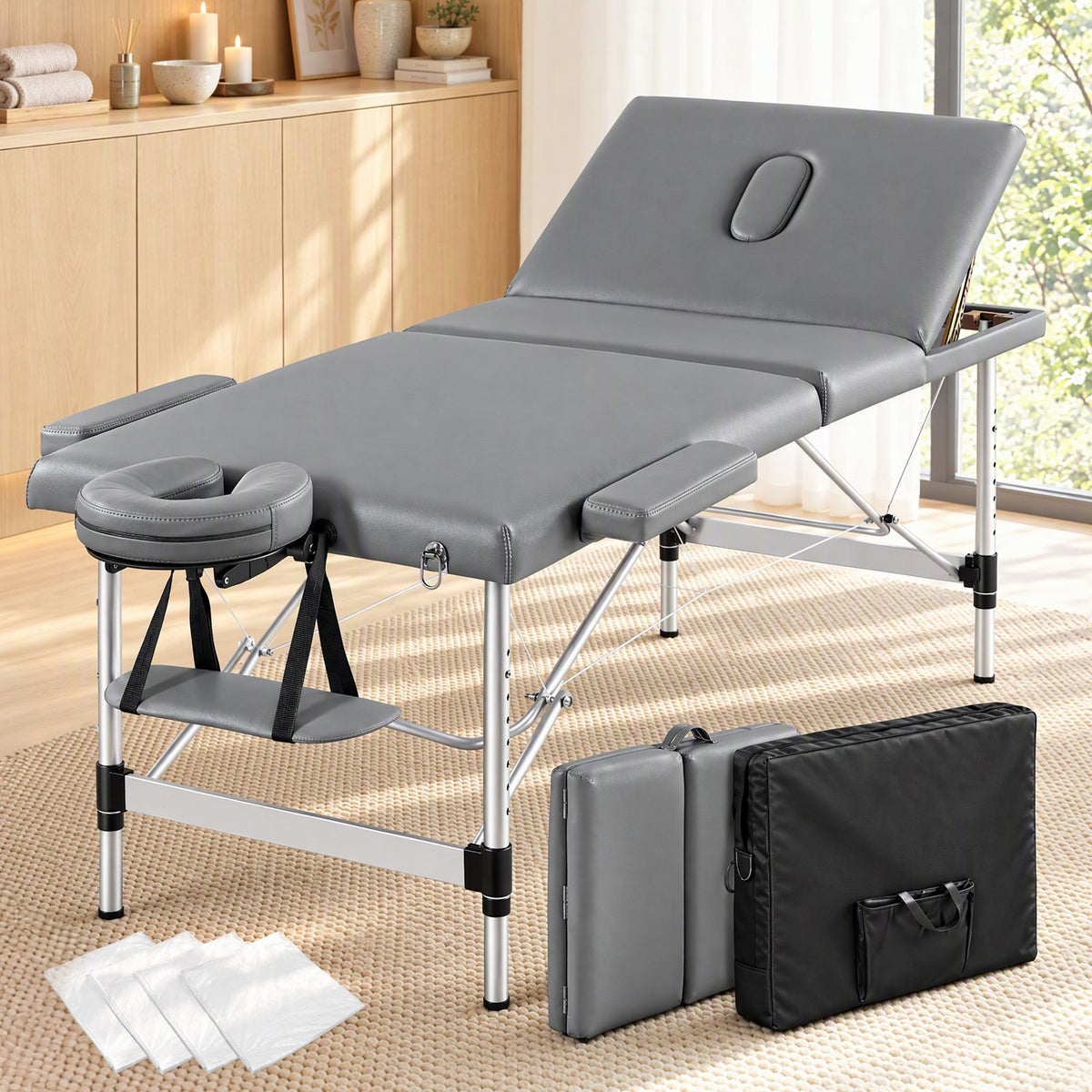 Zenses 3-Fold Portable Massage Table 75cm Adjustable Backrest &amp; Height, Aluminium Beauty Bed Grey