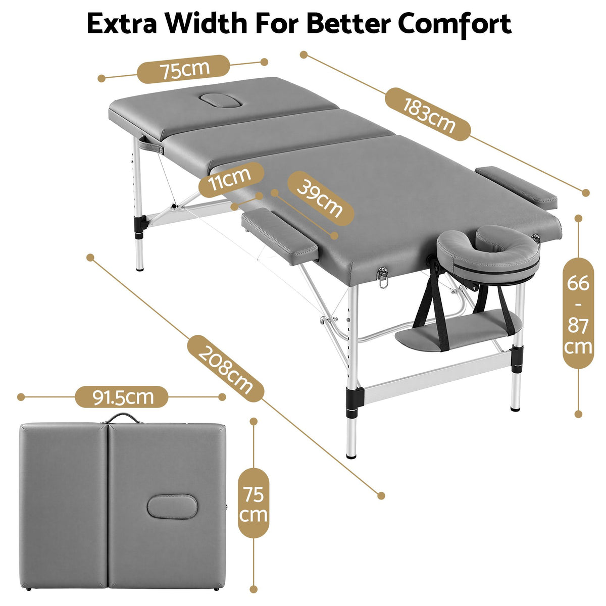 Zenses 3-Fold Portable Massage Table 75cm Adjustable Backrest & Height, Aluminium Beauty Bed Grey