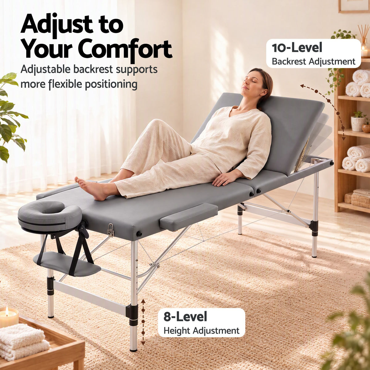 Zenses 3-Fold Portable Massage Table 75cm Adjustable Backrest & Height, Aluminium Beauty Bed Grey