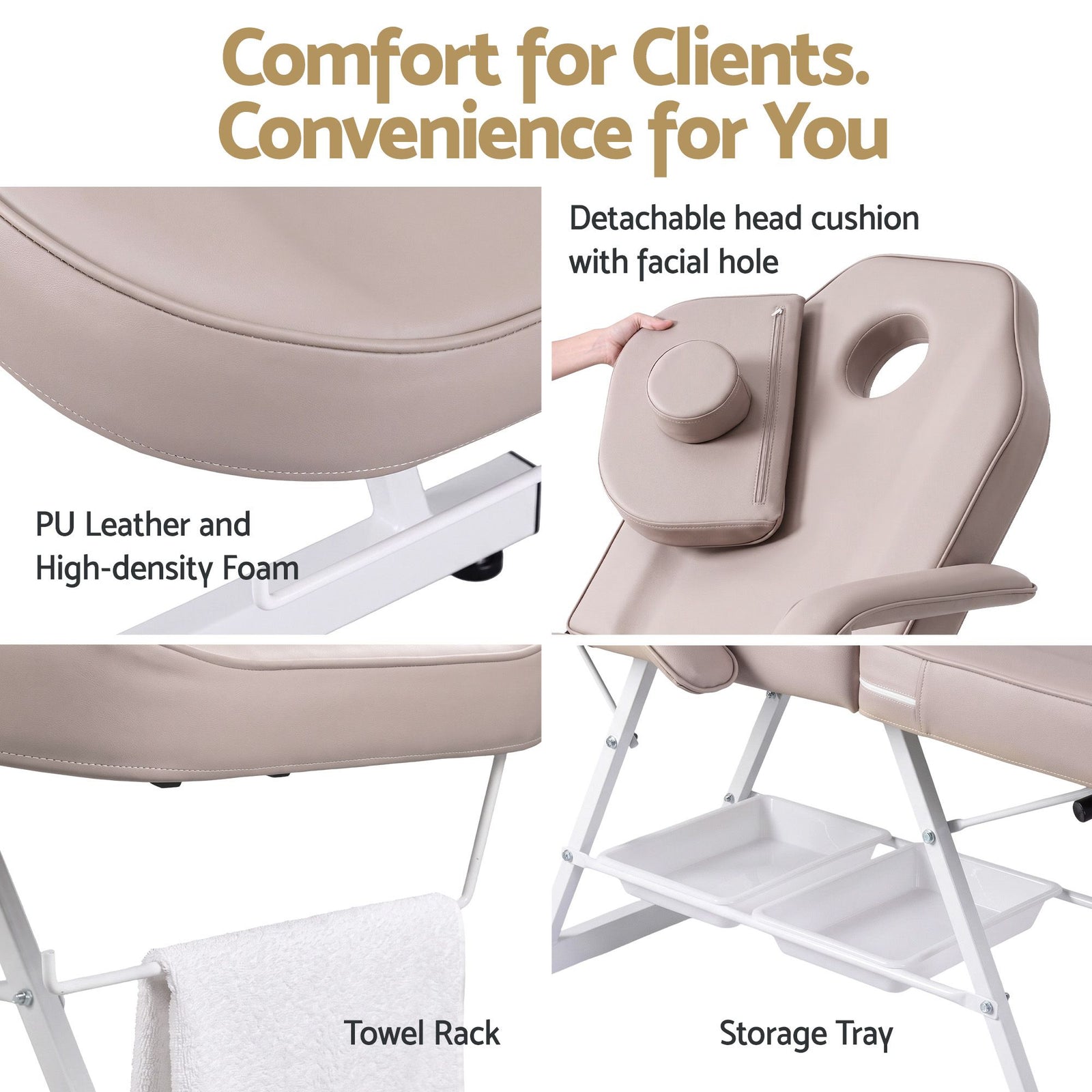 Zenses Beauty Bed with Stool, Beige, Adjustable Facial Massage Table, Tattoo Chair, Salon Services