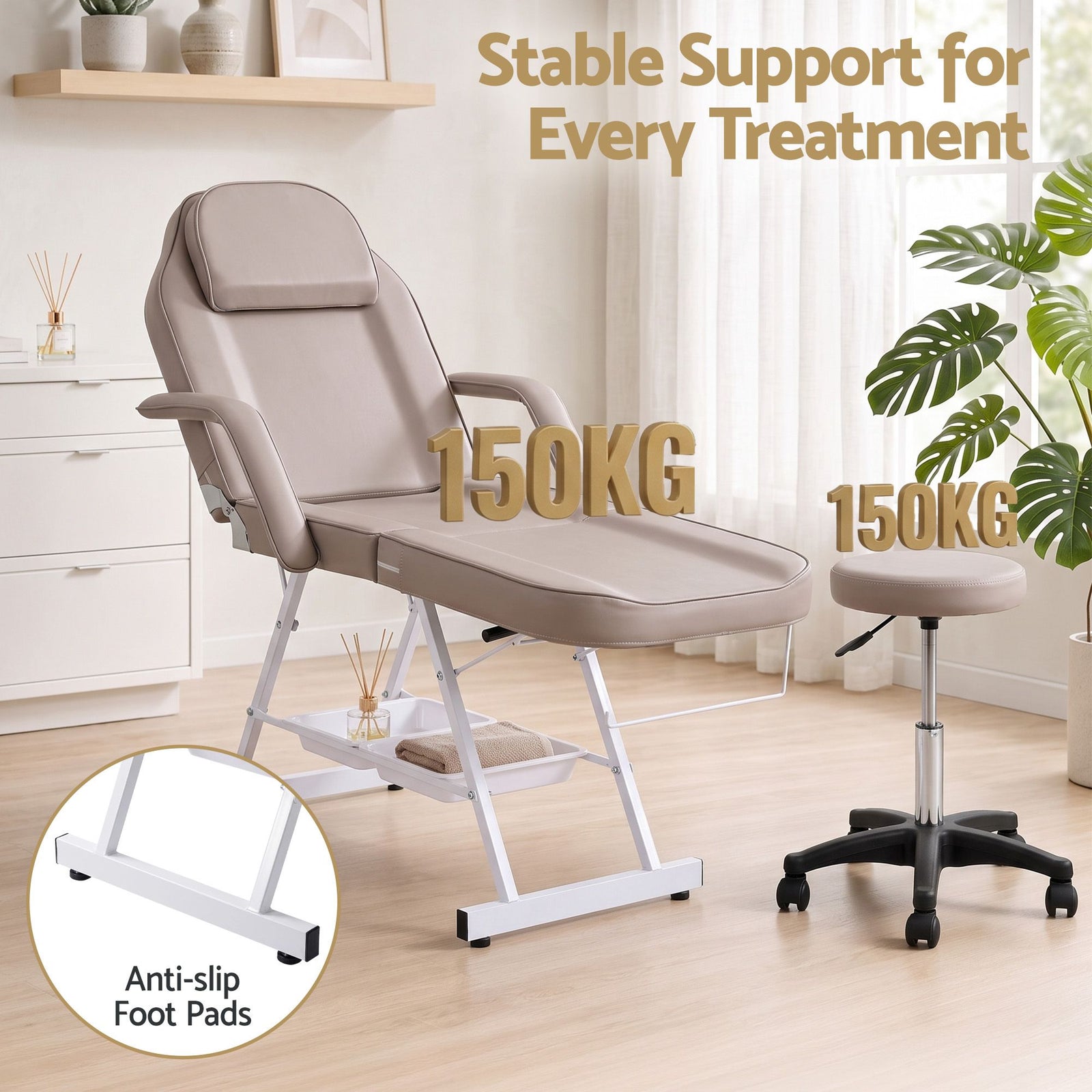 Zenses Beauty Bed with Stool, Beige, Adjustable Facial Massage Table, Tattoo Chair, Salon Services