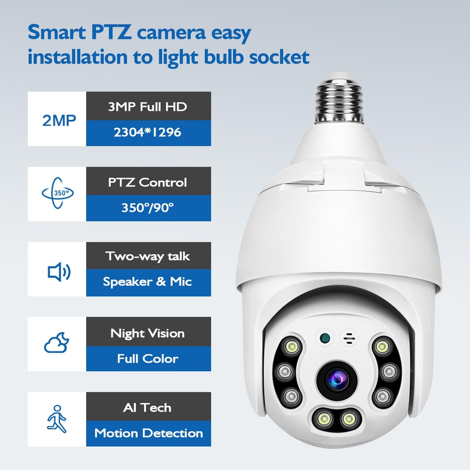 Smart Wifi Outdoor Light Bulb Camera - 1080P Hd 3.0Mp Night Vision Motion Detection Tf Card Support-1915197464860823558