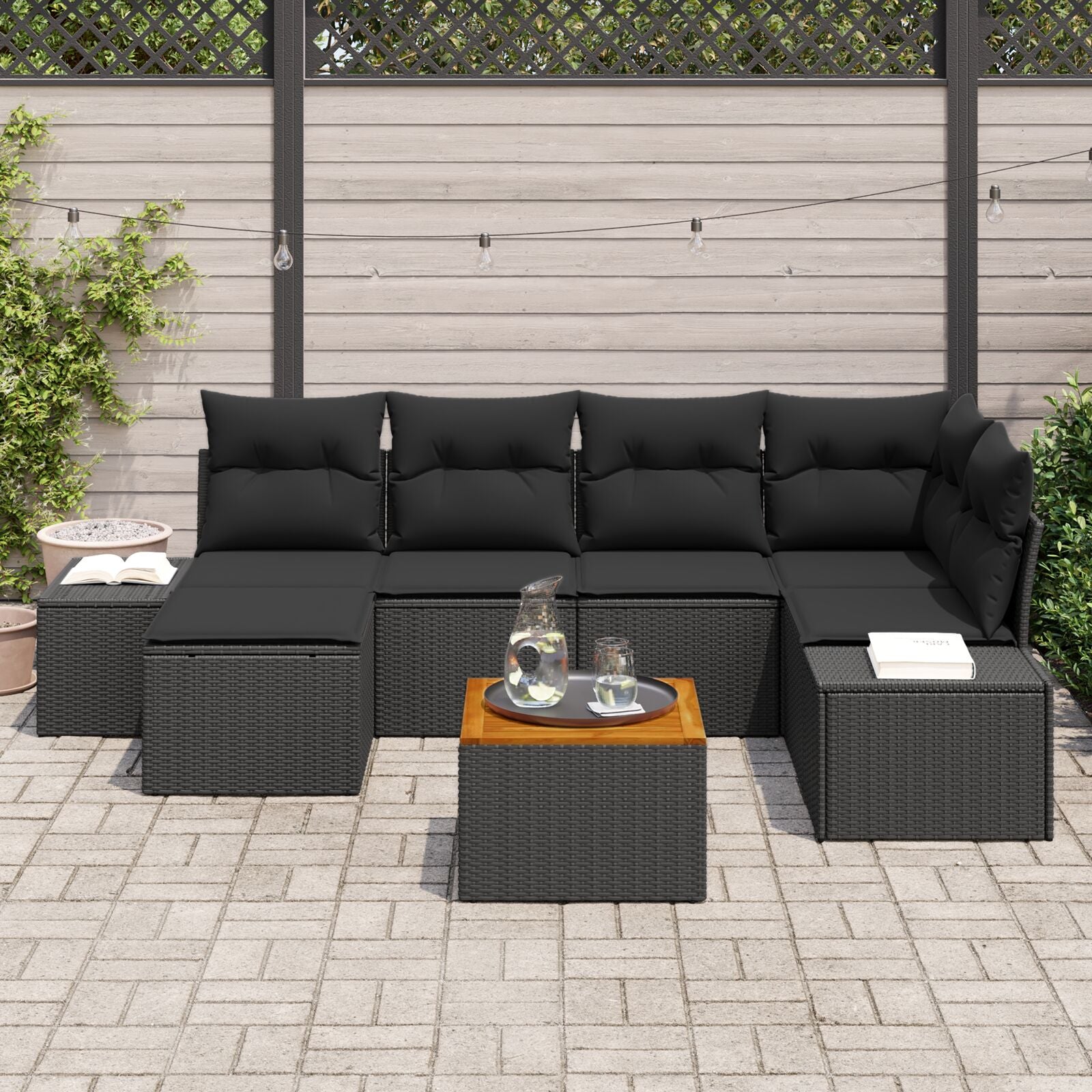 7 Piece Garden Sofa Set with Cushions Black Poly Rattan Acacia