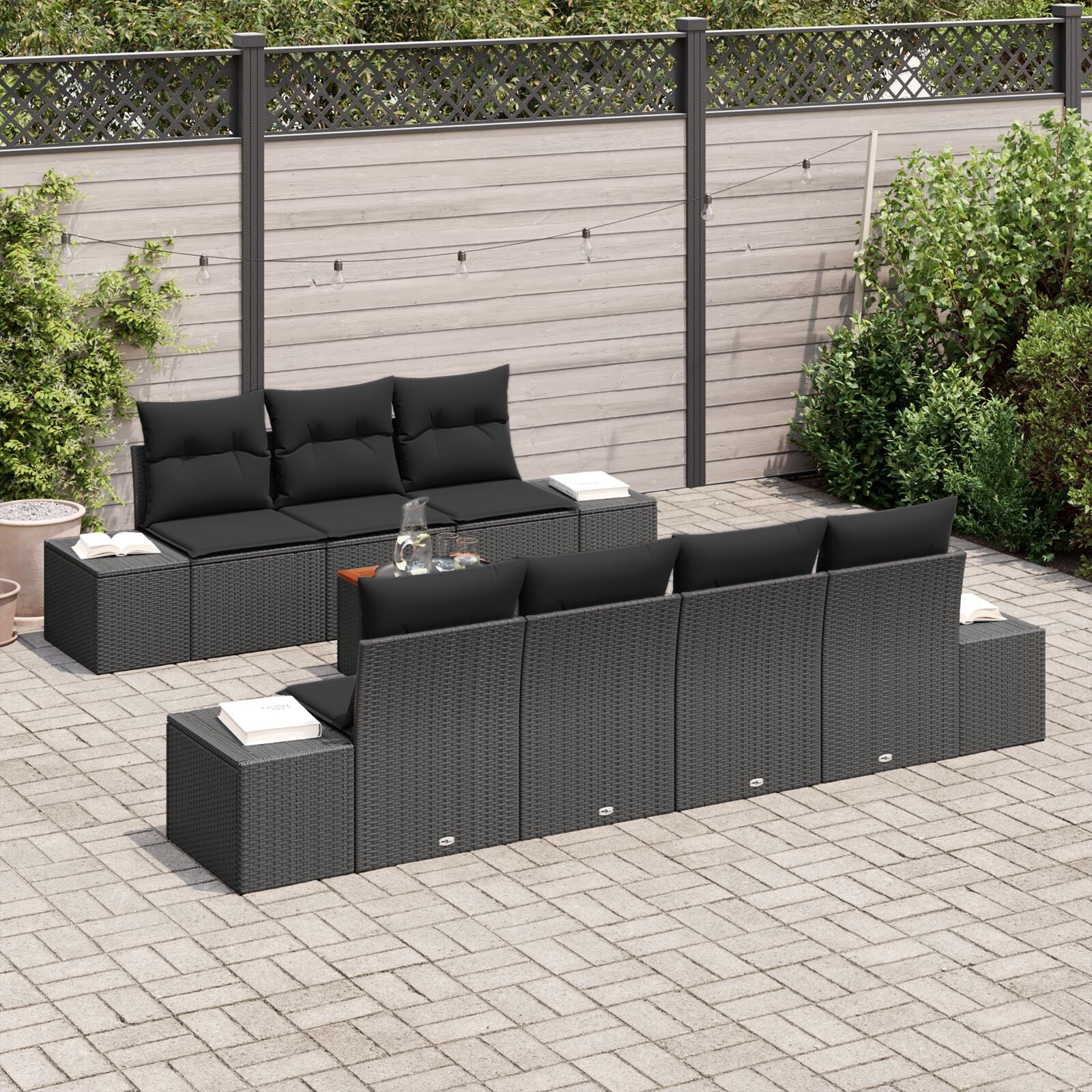 8 Piece Garden Sofa Set with Cushions Black Poly Rattan Acacia