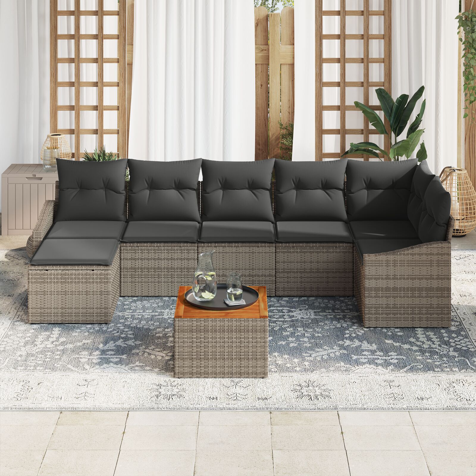 8 Piece Garden Sofa Set with Cushions Grey Poly Rattan Acacia