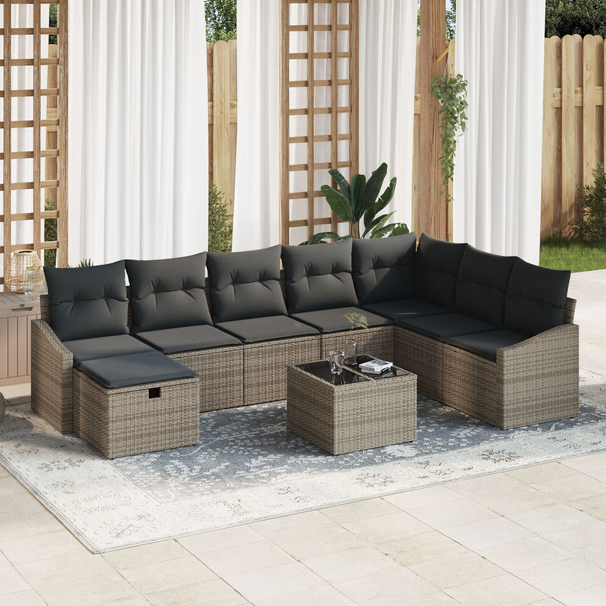 9 Piece Garden Sofa Set with Cushions Grey Poly Rattan