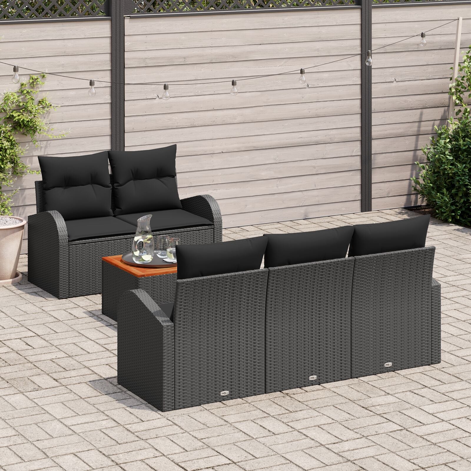 6 Piece Garden Sofa Set with Cushions Black Poly Rattan Acacia