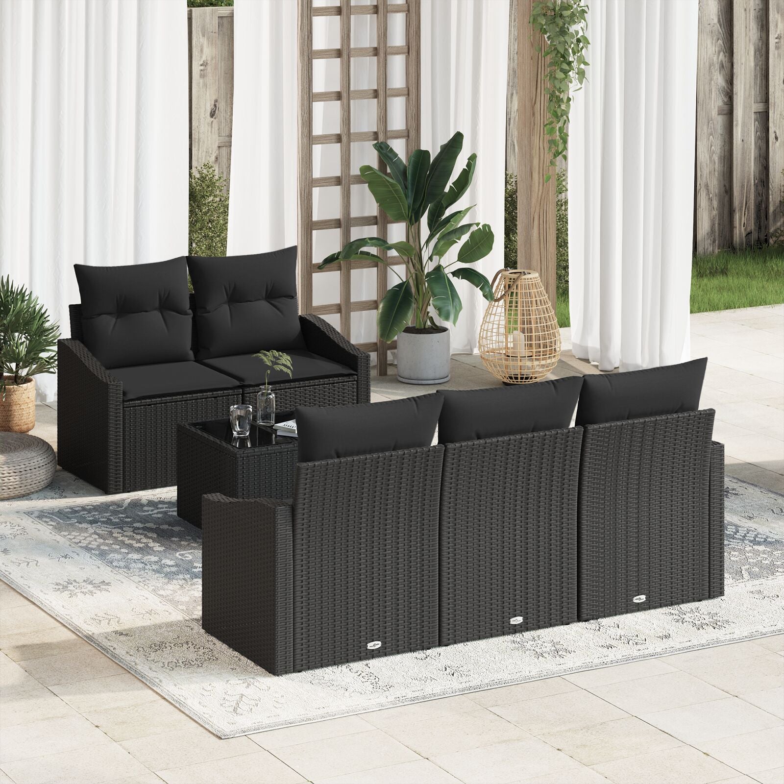 6 Piece Garden Sofa Set with Cushions Black Poly Rattan
