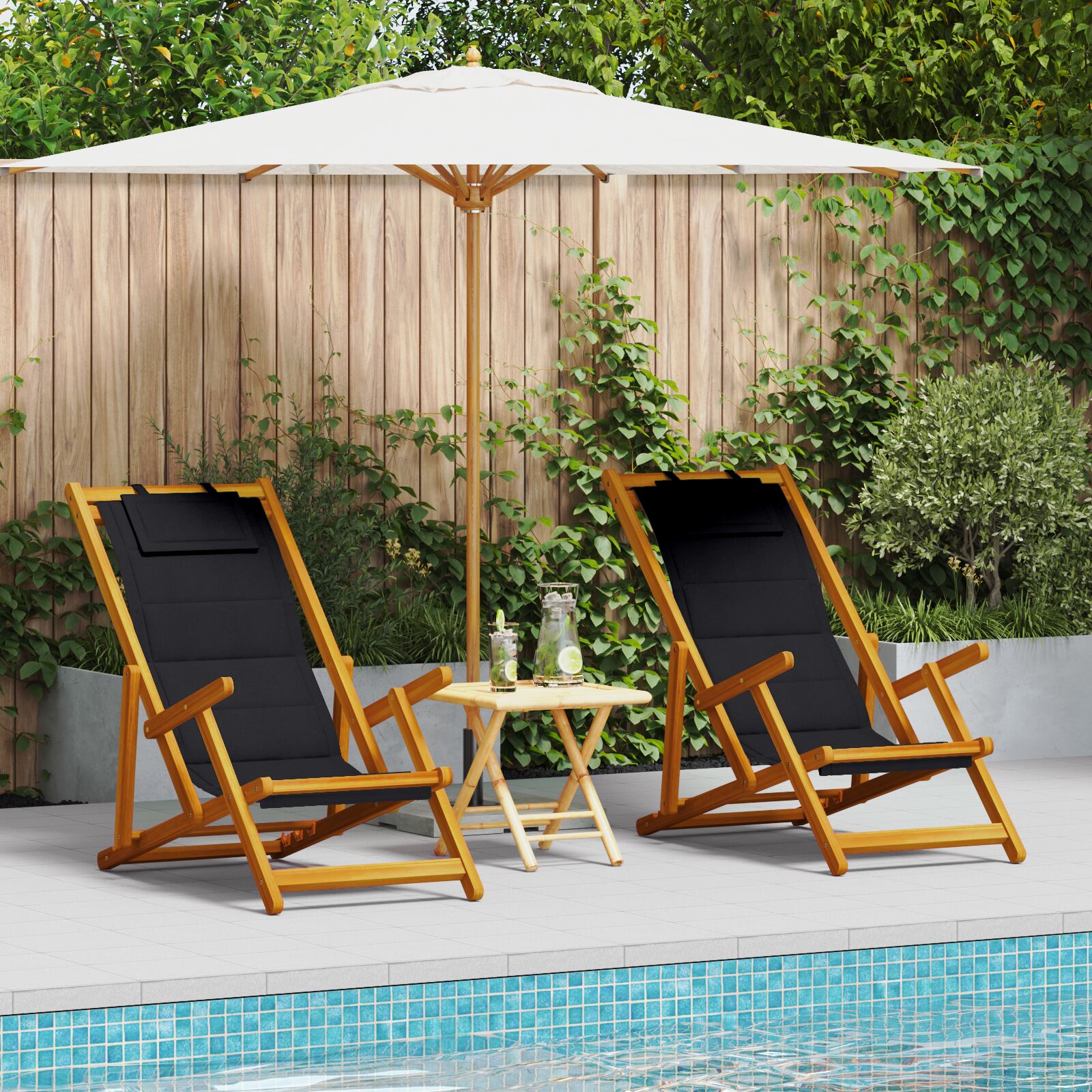 Folding Beach Chairs 2 Pack Black Solid Acacia Wood & Textilene