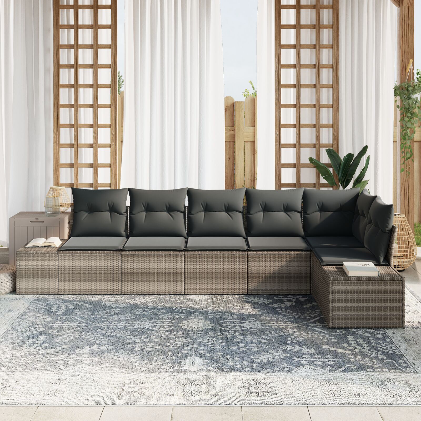 6 Piece Garden Sofa Set with Cushions Grey Poly Rattan