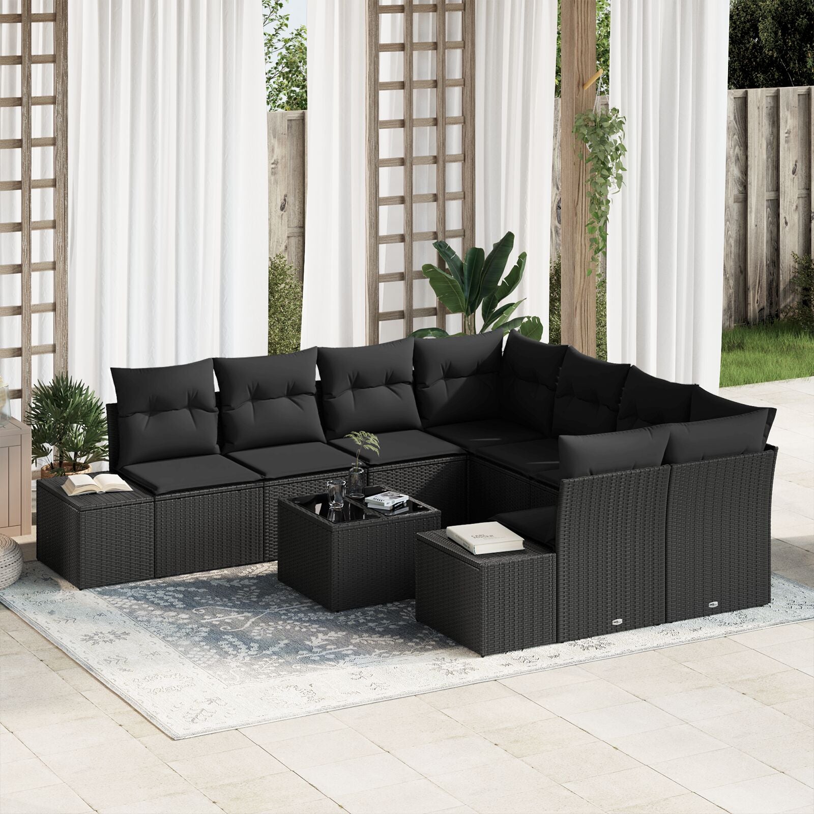 Garden Sofa Set 9 Piece Black Rattan, Powder-Coated Steel