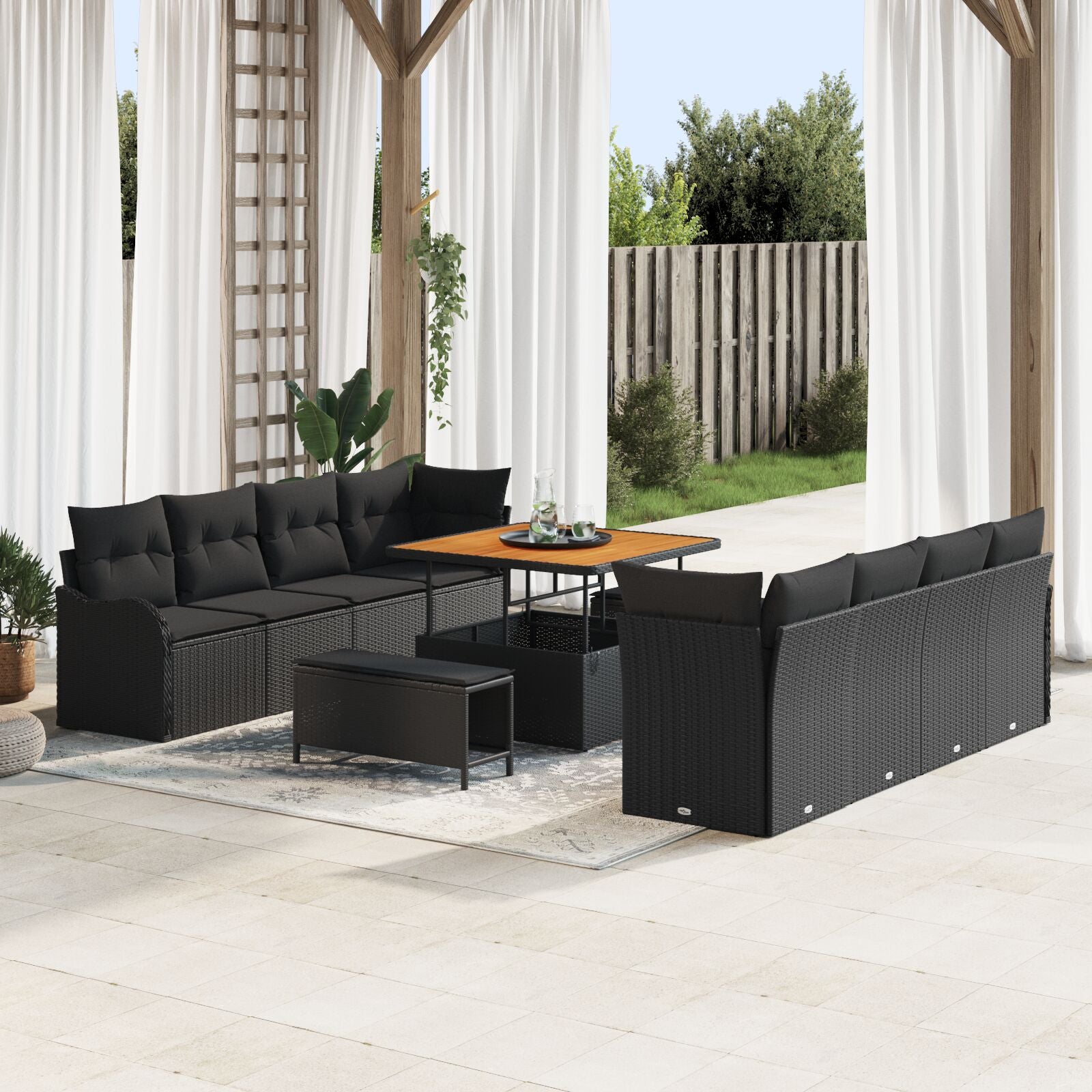 11 Piece Garden Sofa Set with Cushions Black Poly Rattan Acacia, vidaXL 2-Seater Garden Sofa with Cushions Black Poly Rattan, vidaXL 3 Piece Garden Dining Set with Cushions Black Poly Rattan Acacia