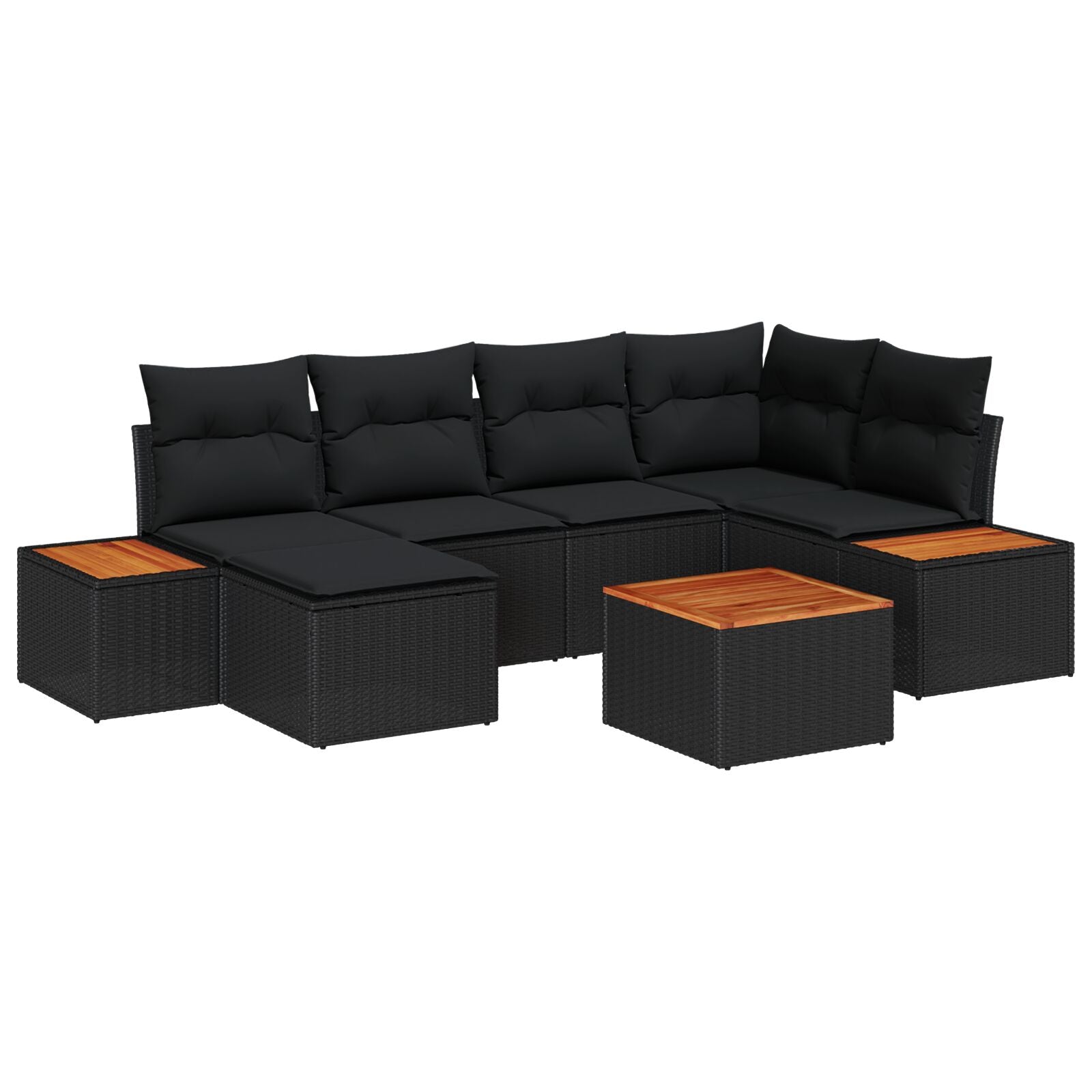 7 Piece Garden Sofa Set with Cushions Black Poly Rattan Acacia