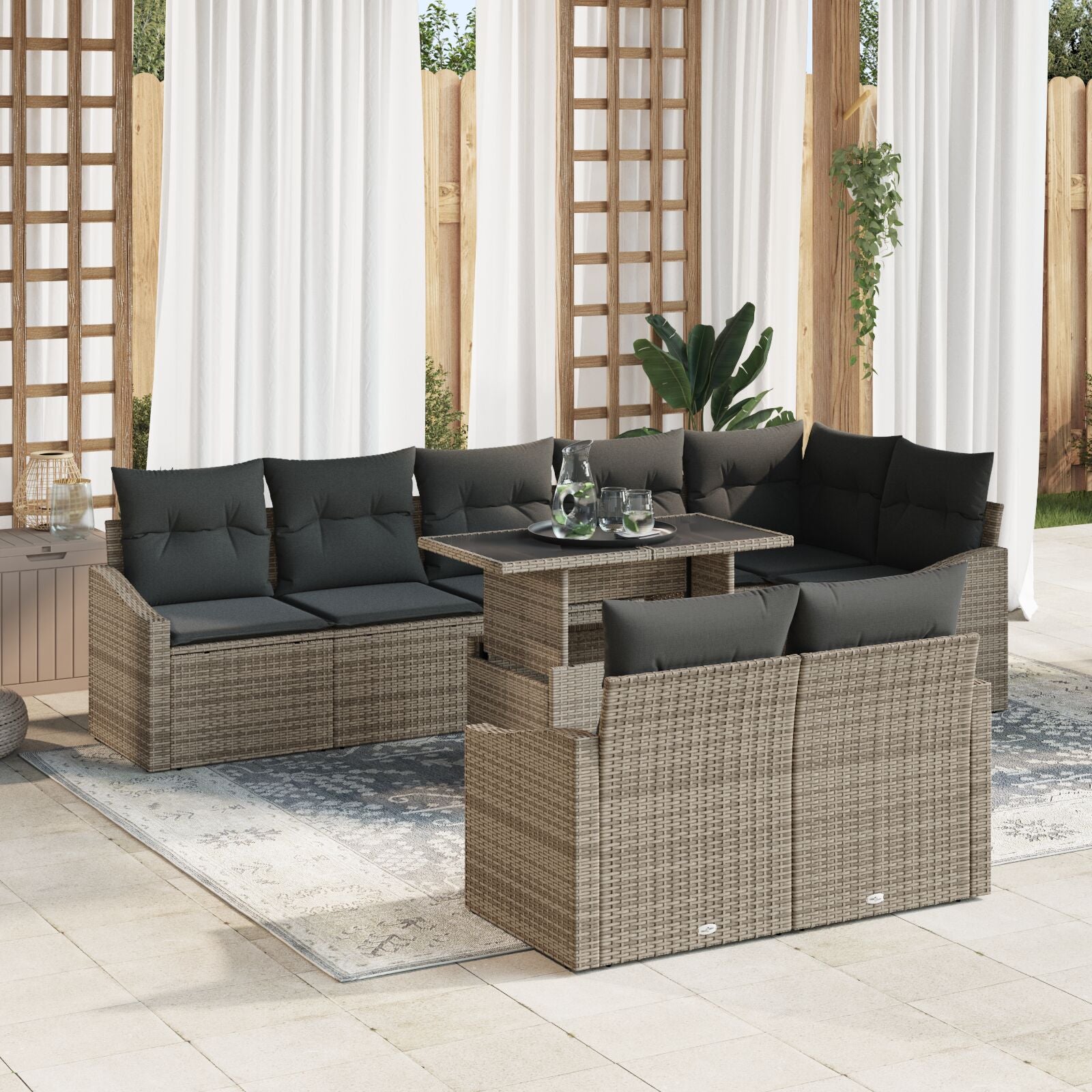 9 Piece Garden Sofa Set with Cushions Grey Poly Rattan