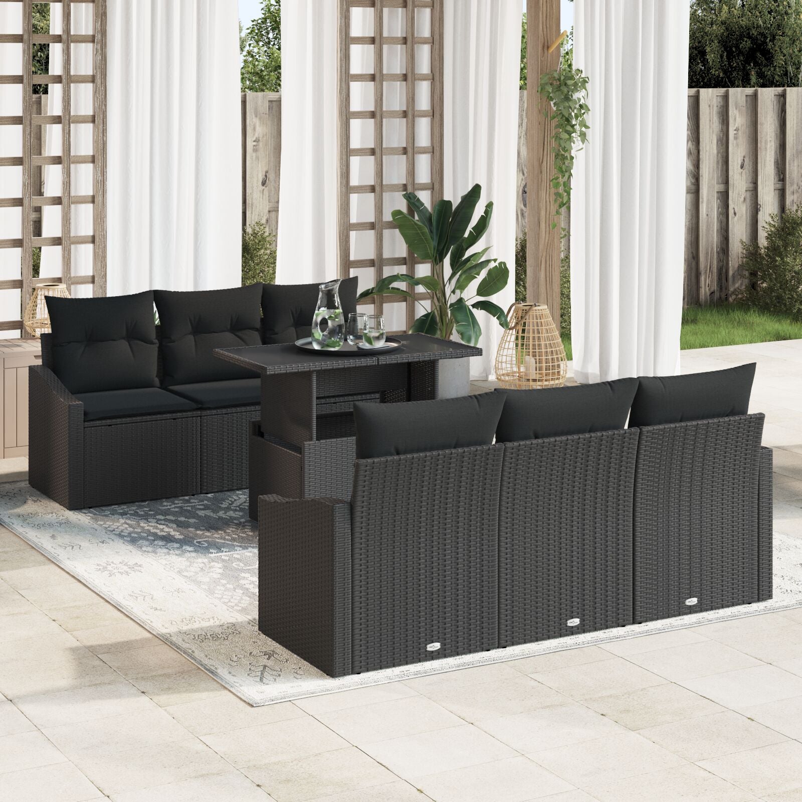 7 Piece Garden Sofa Set with Cushions Black Poly Rattan