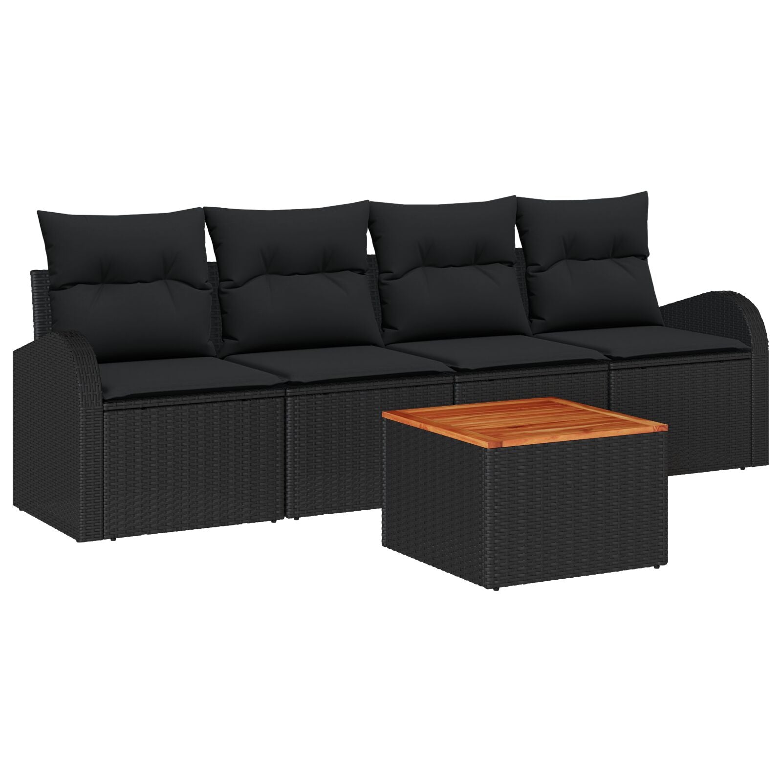 5 Piece Garden Sofa Set with Cushions Black Poly Rattan Acacia