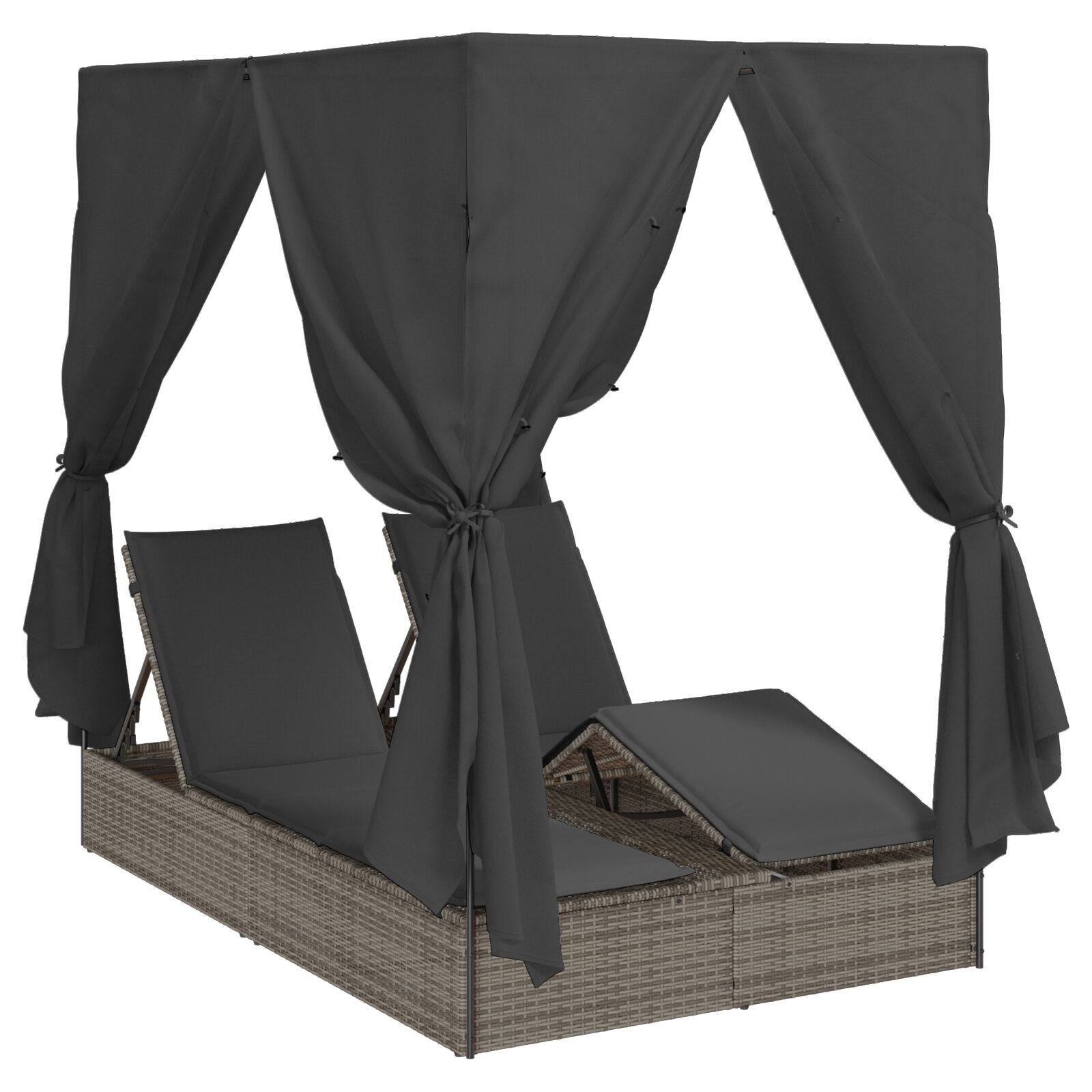 Double Sun Lounger with Roof and Curtains in Grey Poly Rattan