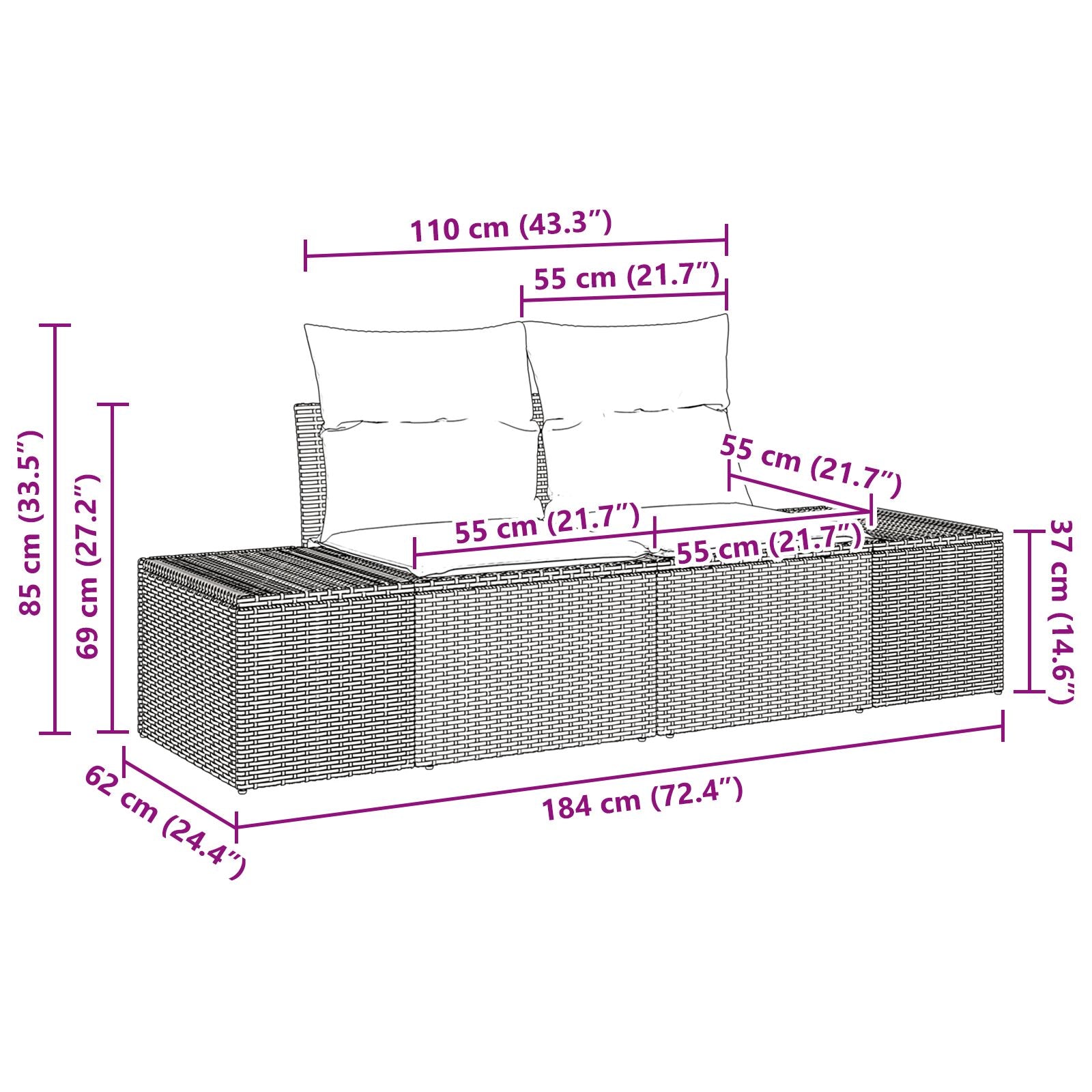 Garden Sofa Set 9 Piece Black Rattan, Powder-Coated Steel
