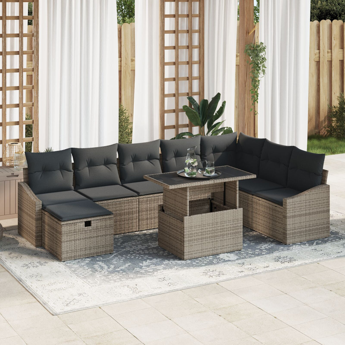 9 Piece Garden Sofa Set with Cushions Grey Poly Rattan