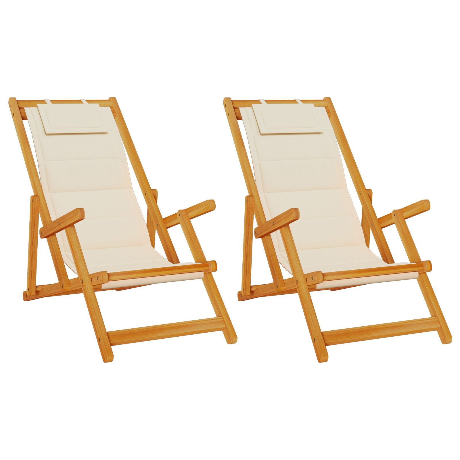 Folding Beach Chairs 2 Pack - Cream Acacia Wood & Textilene
