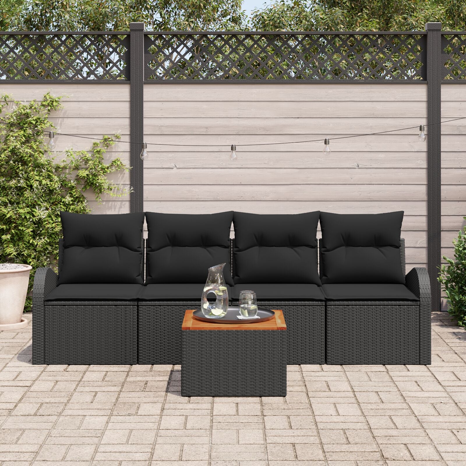5 Piece Garden Sofa Set with Cushions Black Poly Rattan Acacia