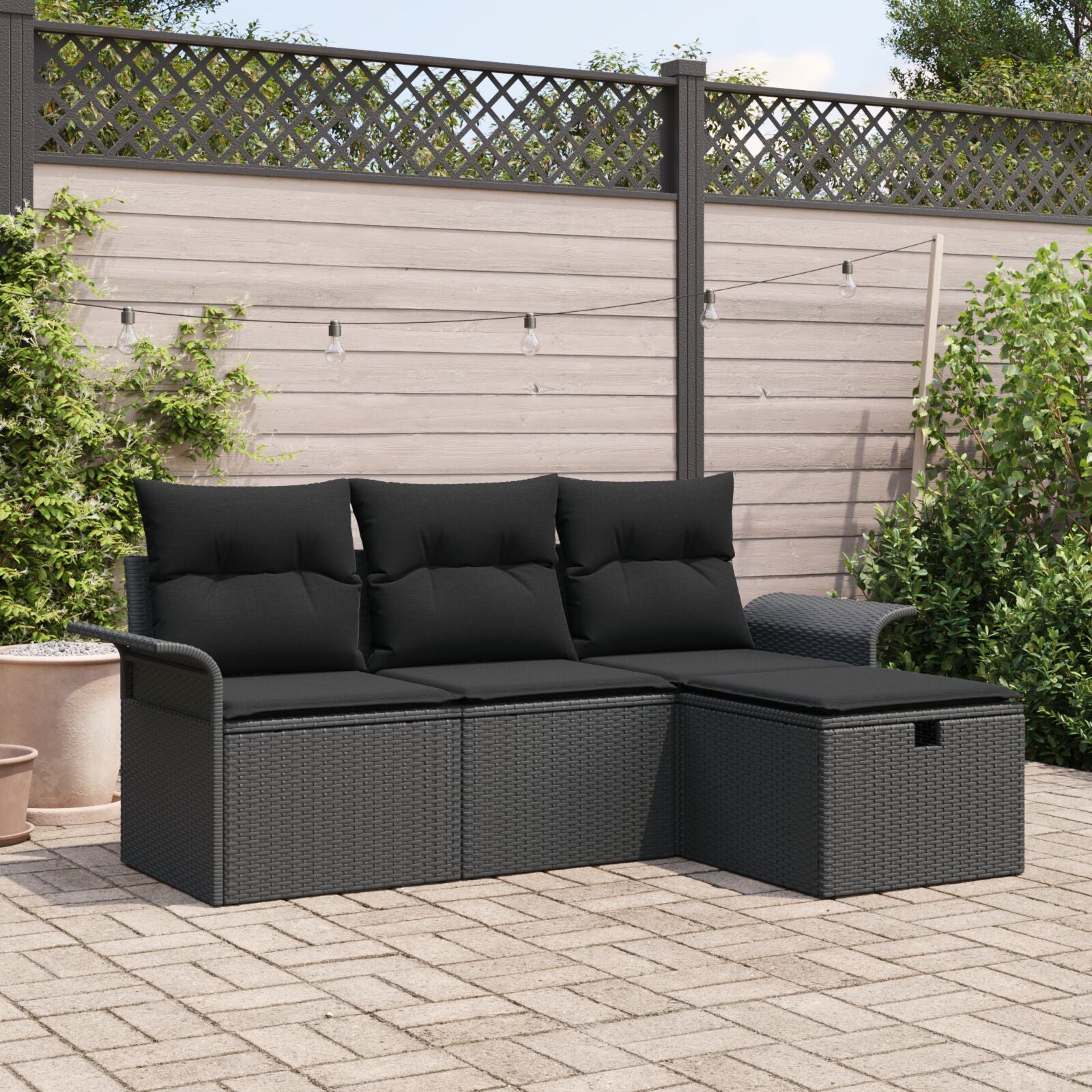 4 Piece Garden Sofa Set with Cushions Black Poly Rattan, vidaXL 2-Seater Garden Sofa with Storage & Cushions Black Poly Rattan