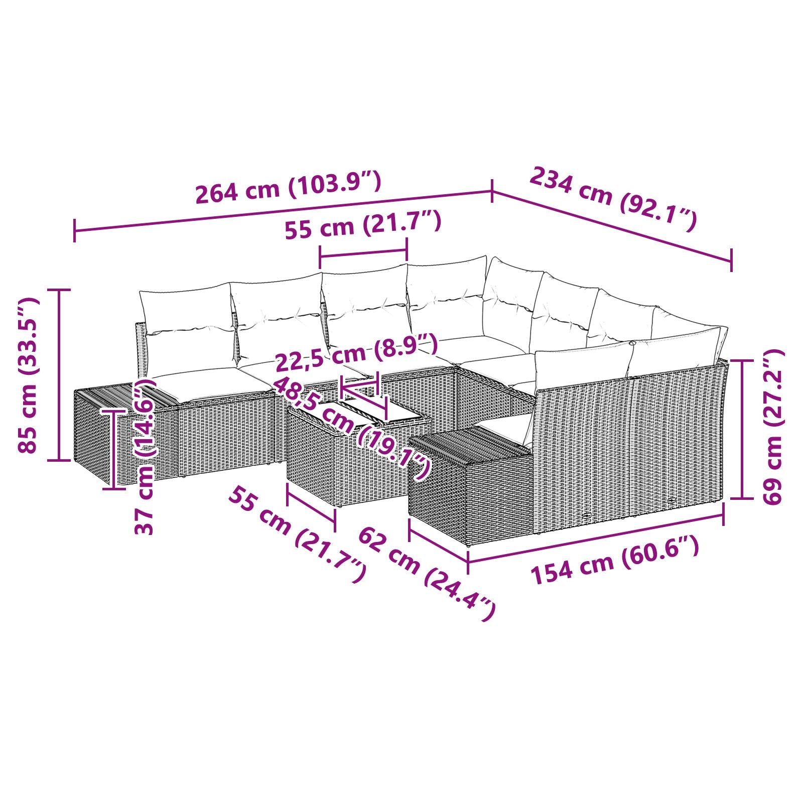 Garden Sofa Set 9 Piece Black Rattan, Powder-Coated Steel