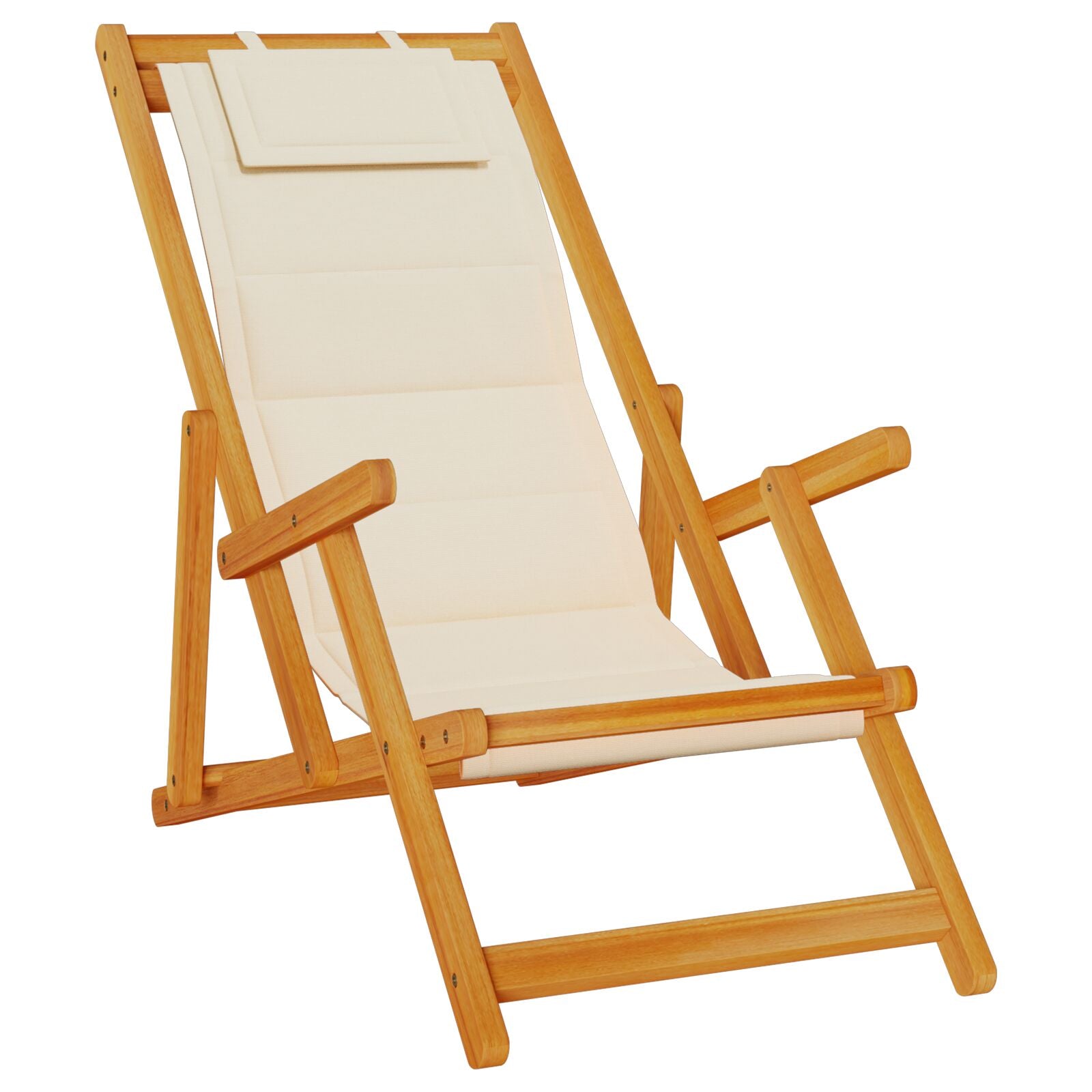 Folding Beach Chairs 2 Pack - Cream Acacia Wood & Textilene