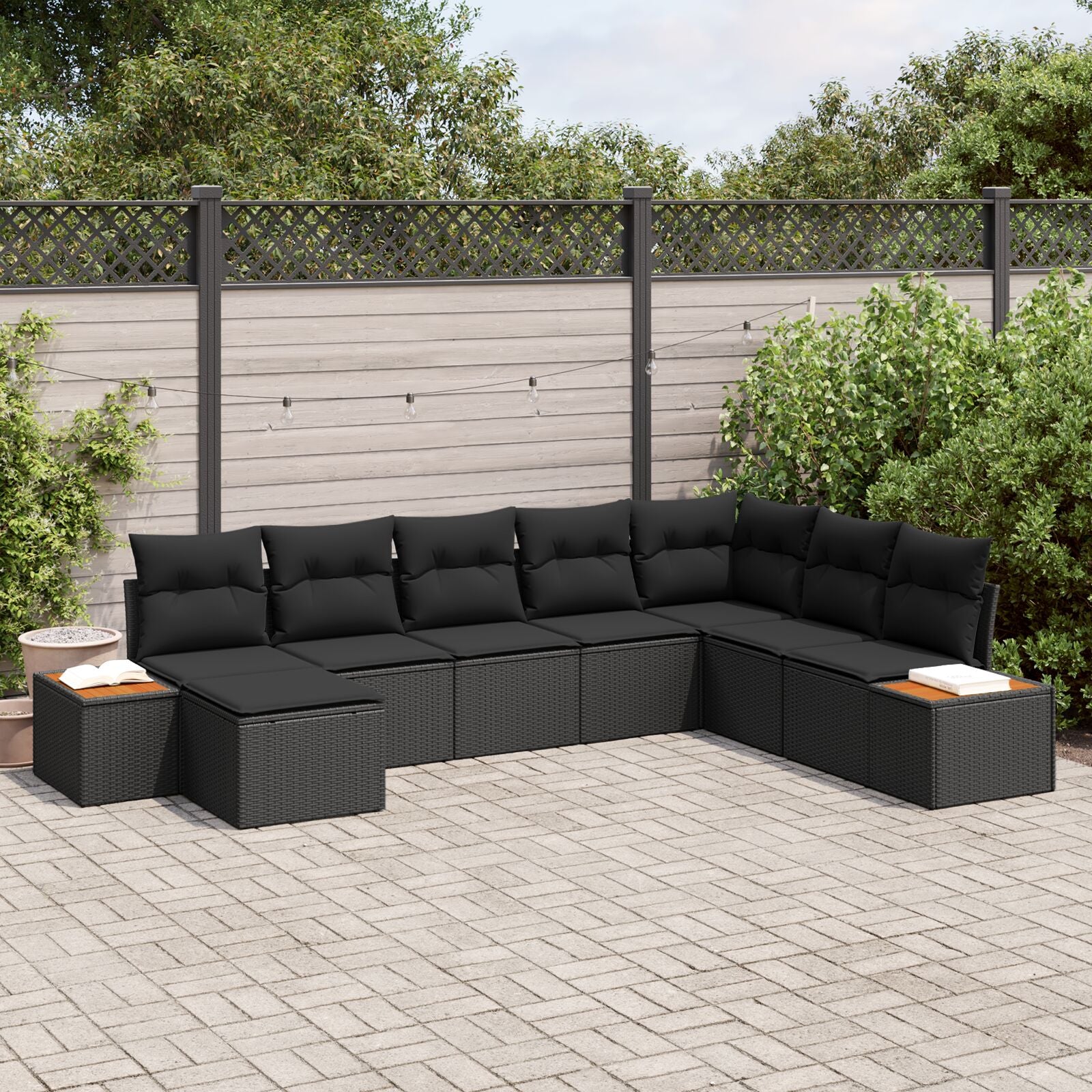8 Piece Garden Sofa Set with Cushions Black Poly Rattan Acacia