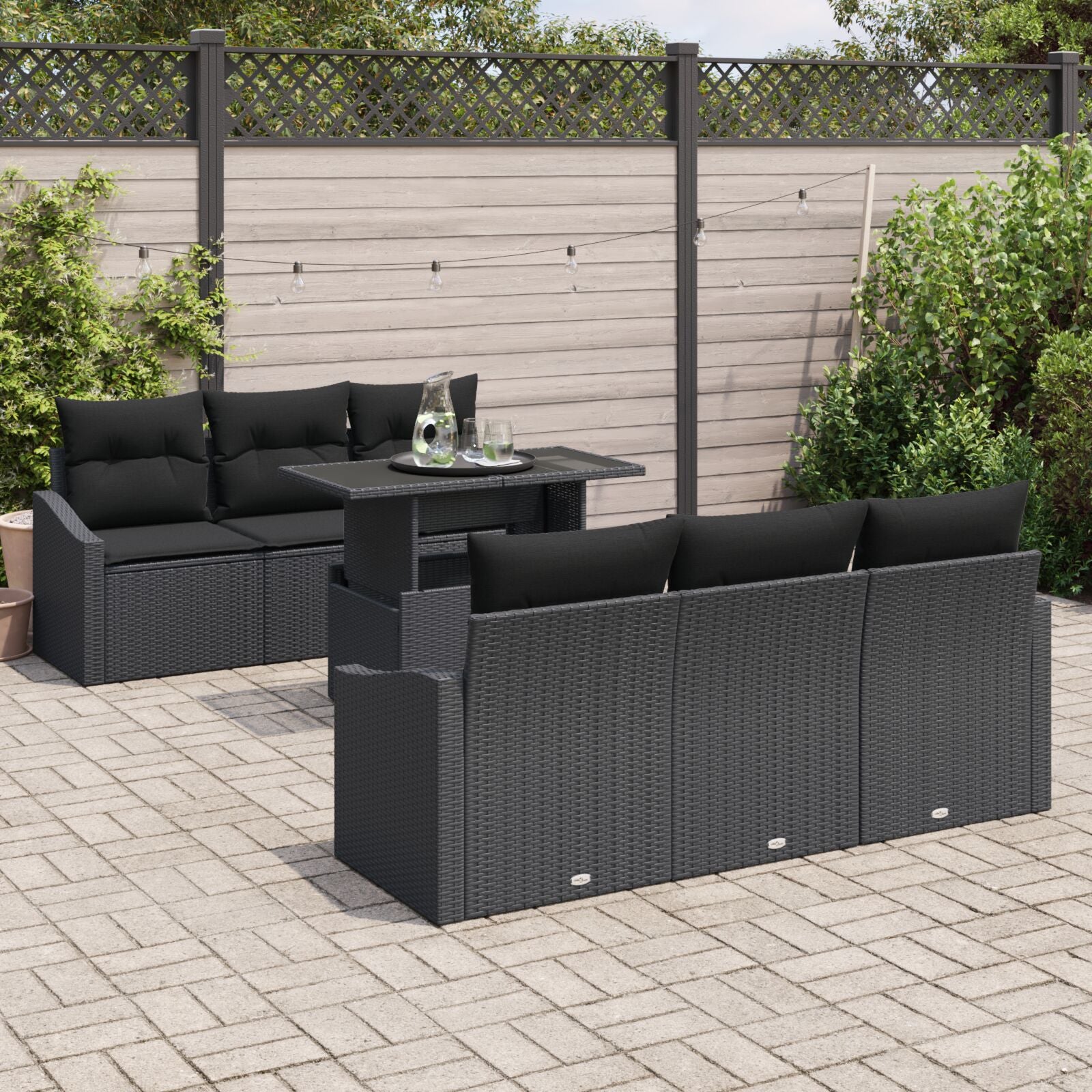 7 Piece Garden Sofa Set with Cushions Black Poly Rattan