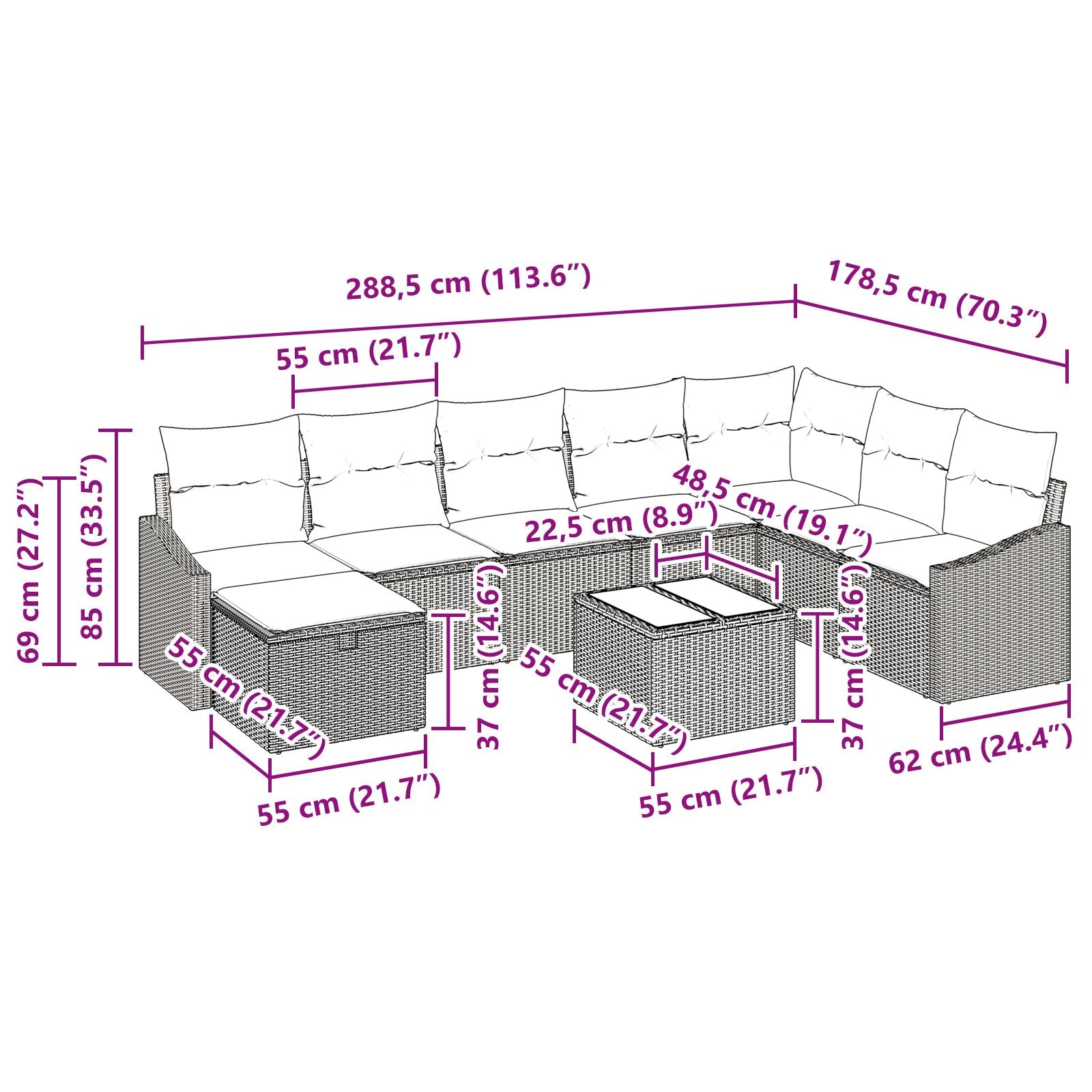 9 Piece Garden Sofa Set with Cushions Grey Poly Rattan