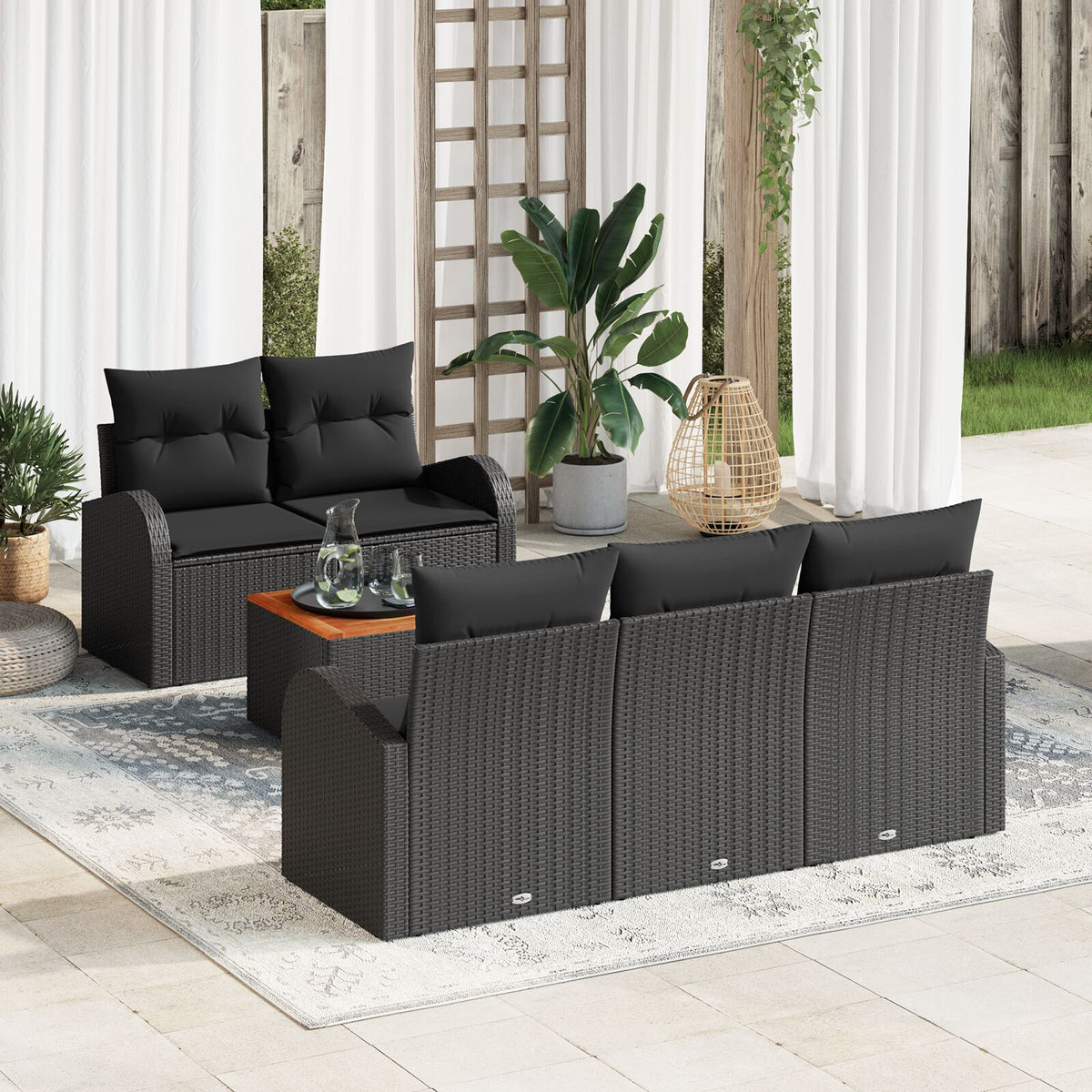 6 Piece Garden Sofa Set with Cushions Black Poly Rattan Acacia