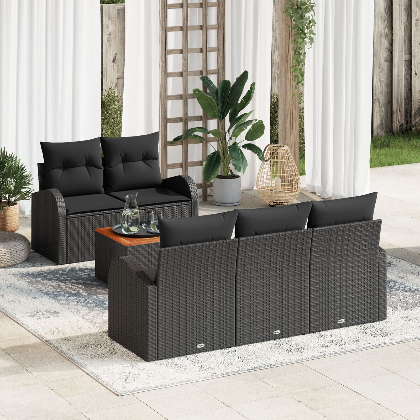 6 Piece Garden Sofa Set with Cushions Black Poly Rattan Acacia